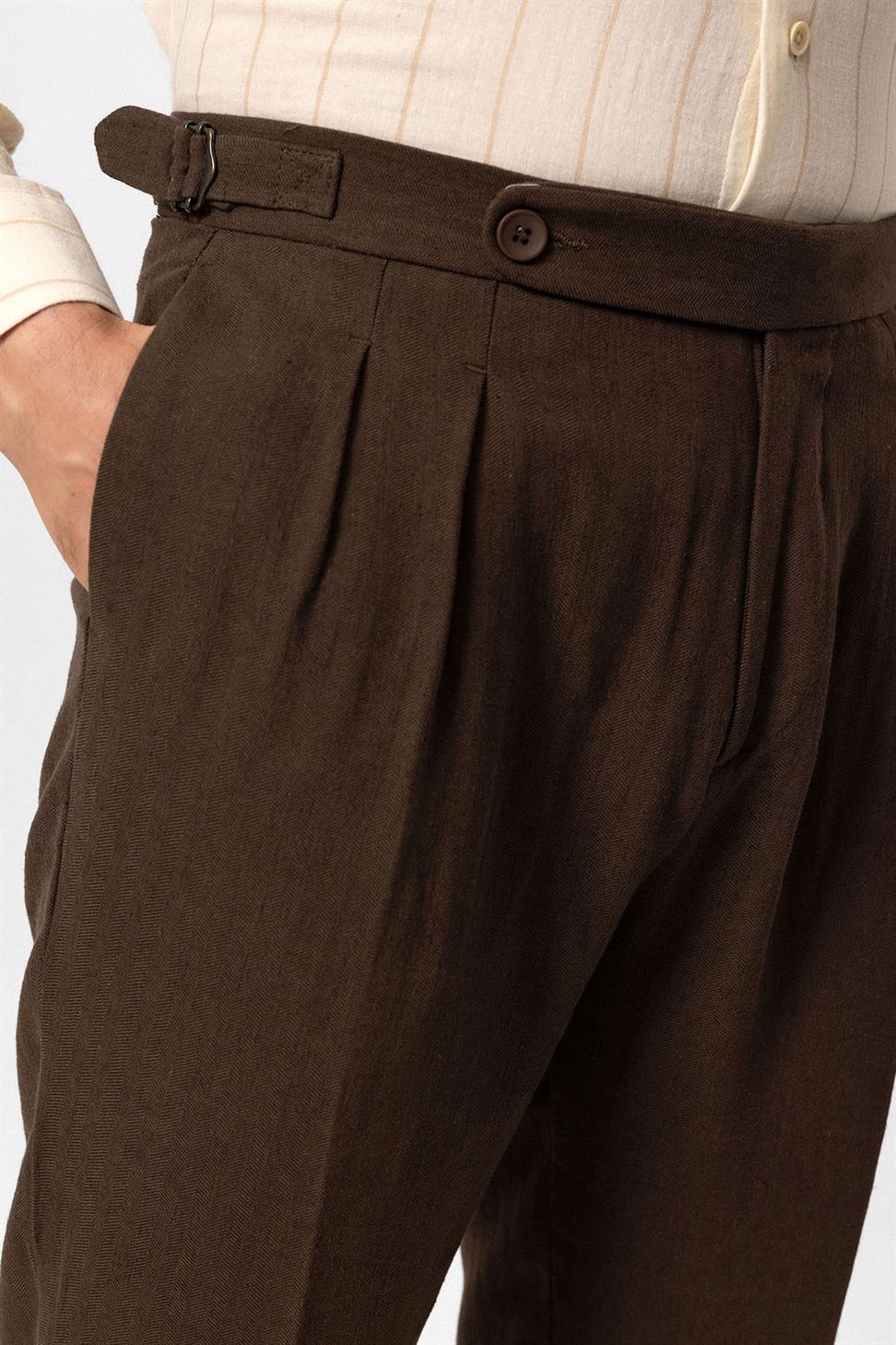 بنطلون رجالي بخصر عالٍ من مزيج الكتان والساقين