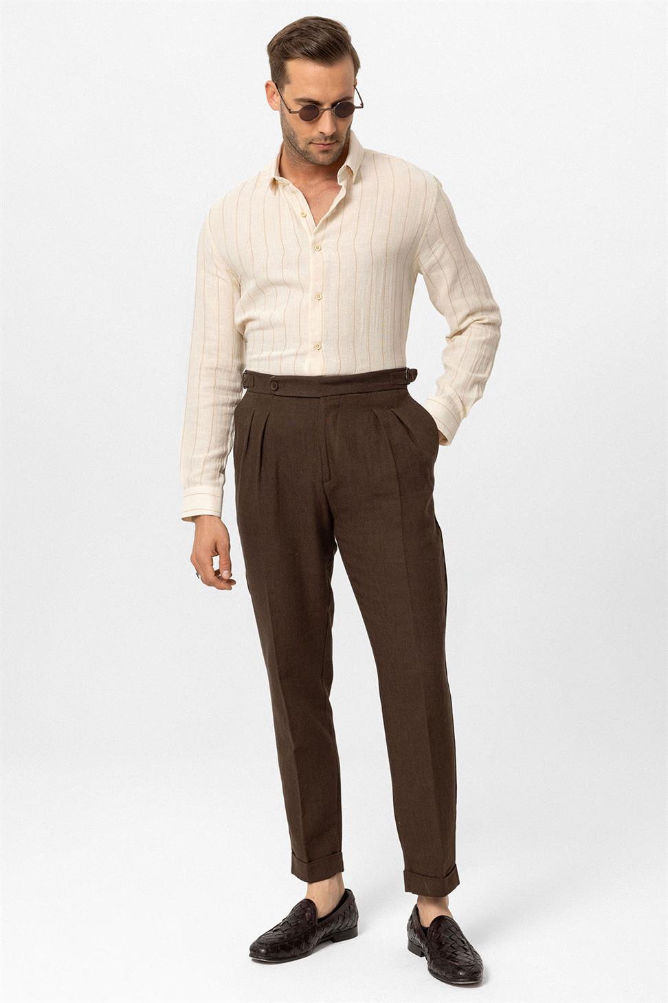 بنطلون رجالي بخصر عالٍ من مزيج الكتان والساقين