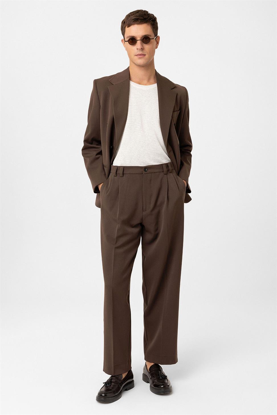 Antioch Kahve Yüksel Bel Relax Fit Pileli Erkek Pantolon