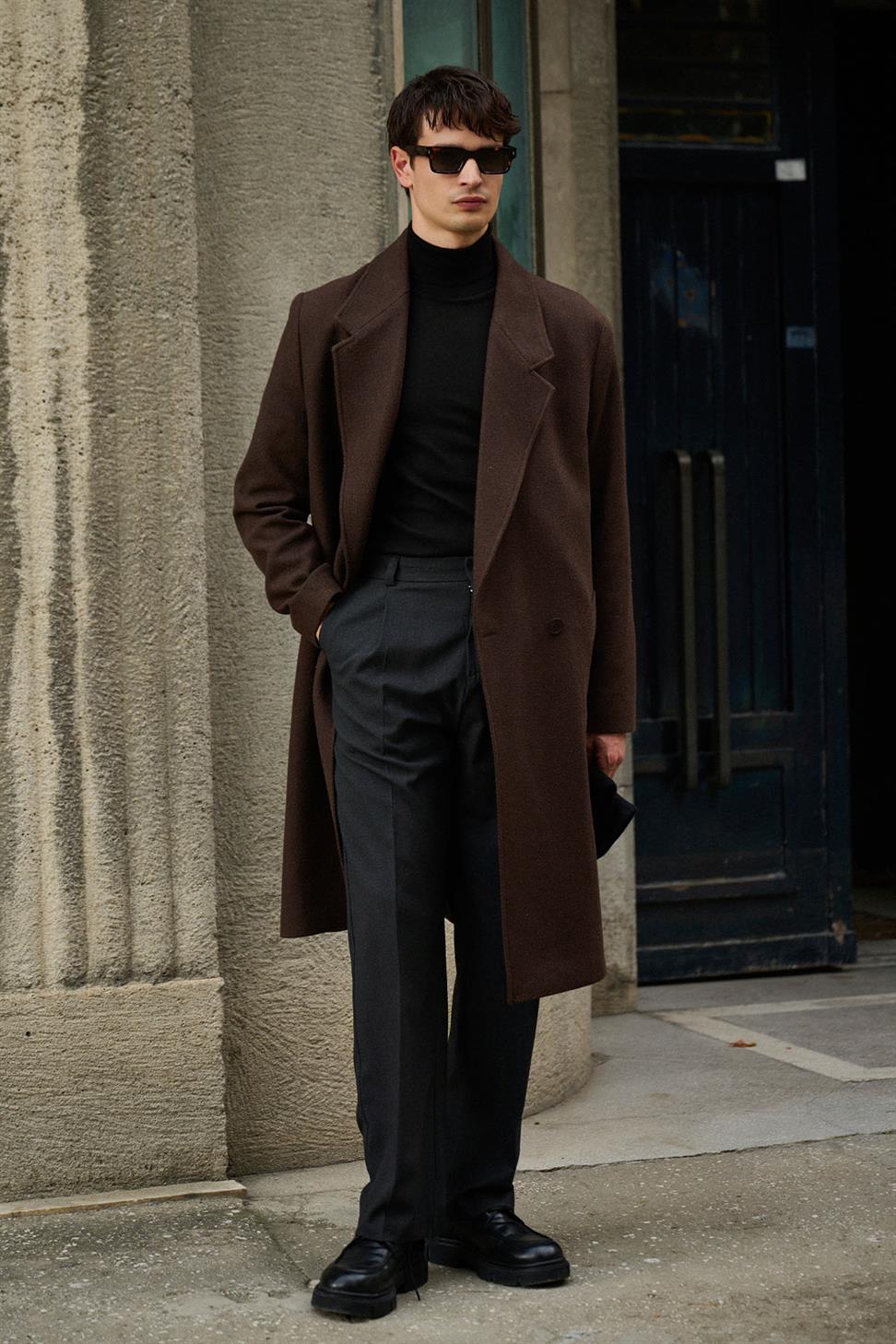 Antioch Kahve Yün Karışımlı Balıksırtı Kruvaze Erkek Kaban