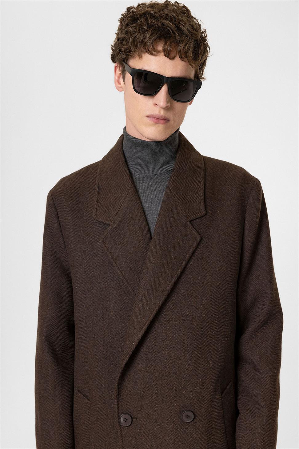 Antioch Kahve Yün Karışımlı Balıksırtı Kruvaze Erkek Kaban