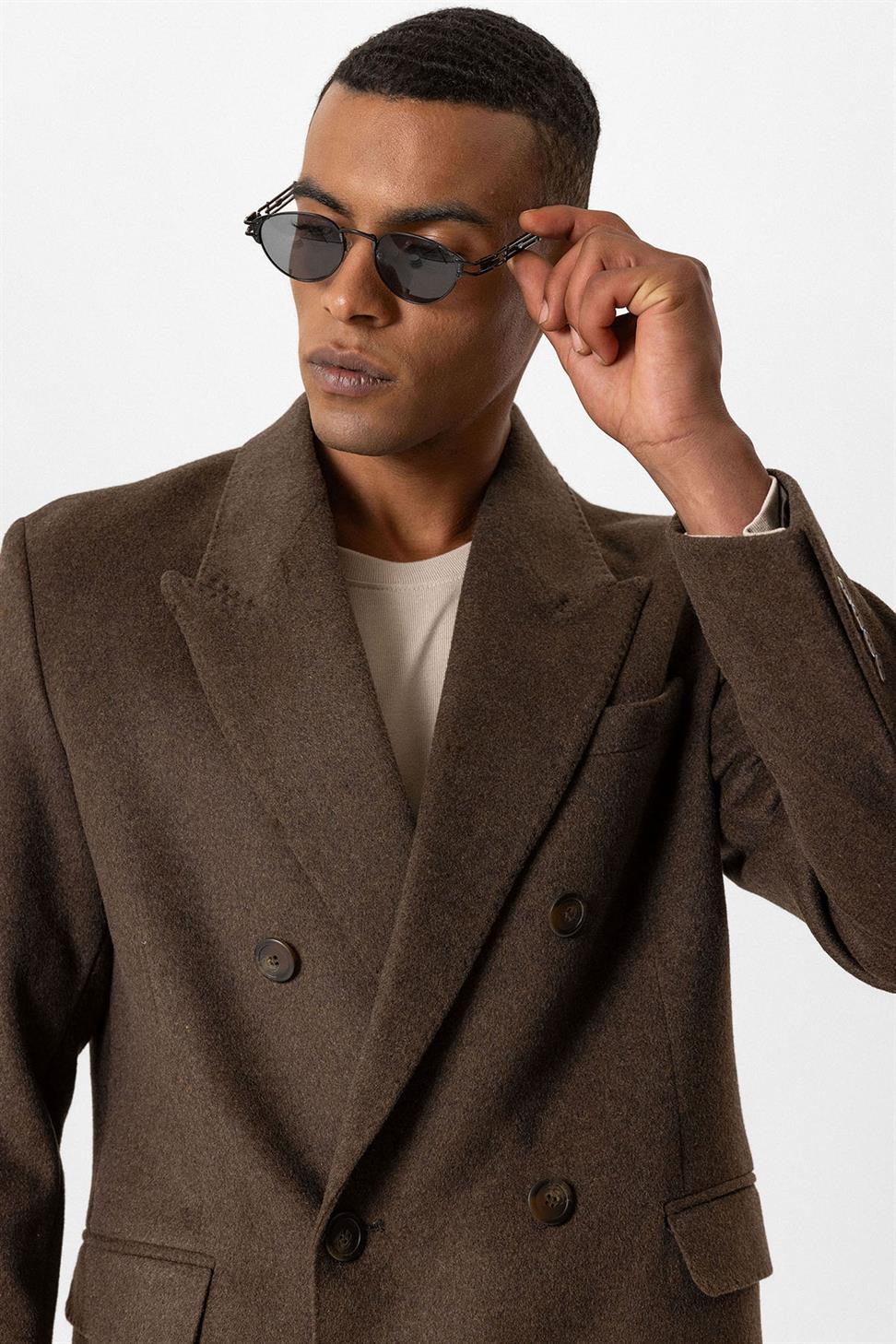 Antioch Kahve Yün Karışımlı Kruvaze Erkek Kaban