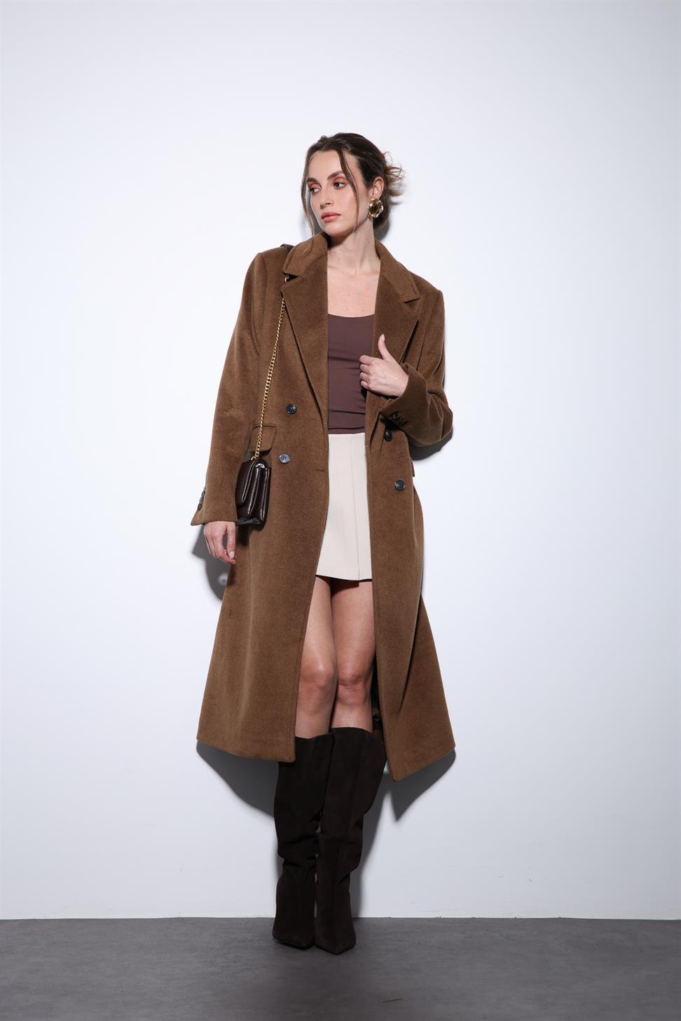 Antioch Kahve Yün Karışımlı Kruvaze Kadın Kaban