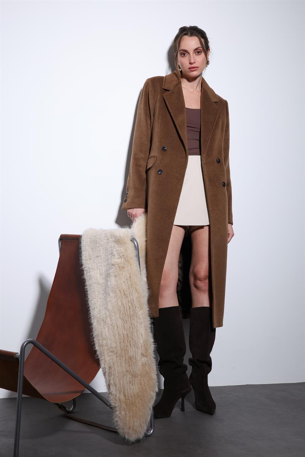 Antioch Kahve Yün Karışımlı Kruvaze Kadın Kaban