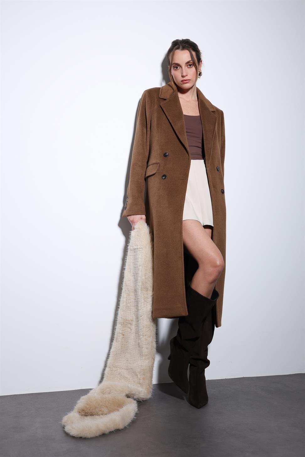 Antioch Kahve Yün Karışımlı Kruvaze Kadın Kaban