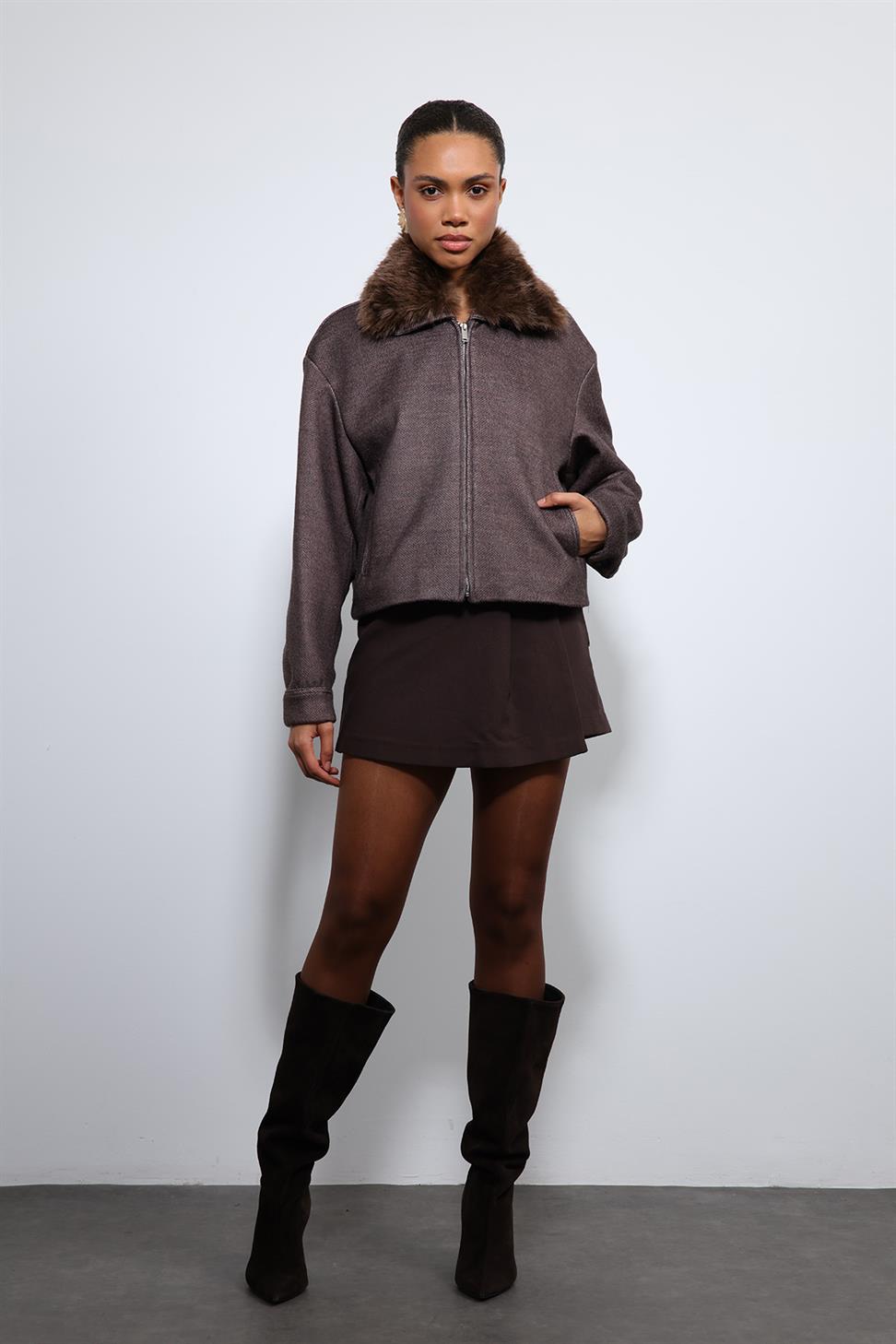 Antioch Kahve Yün Karışımlı Suni Kürk Yaka Ceket