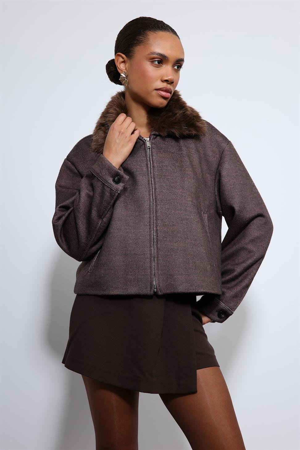 Antioch Kahve Yün Karışımlı Suni Kürk Yaka Ceket