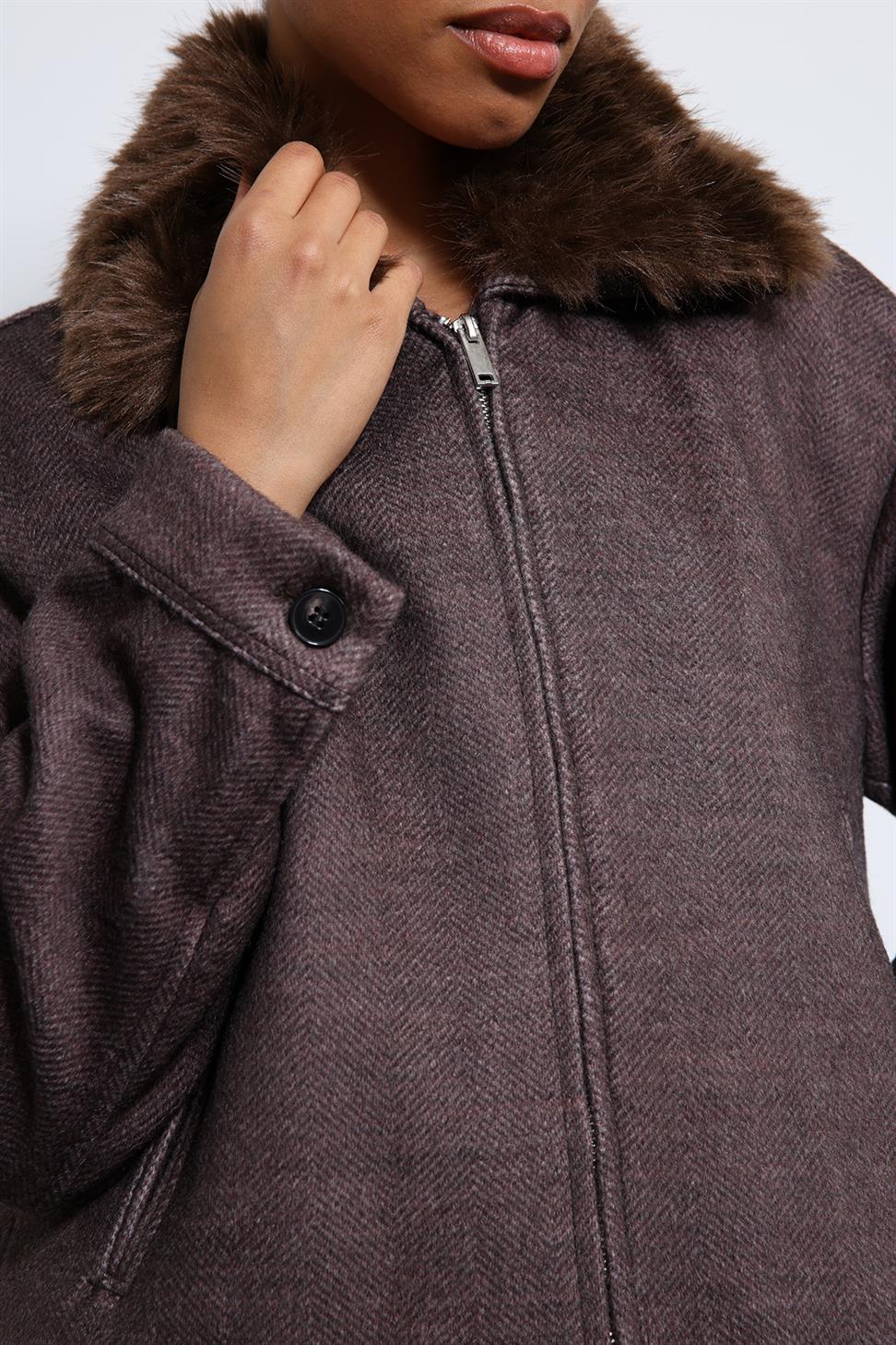 Antioch Kahve Yün Karışımlı Suni Kürk Yaka Ceket