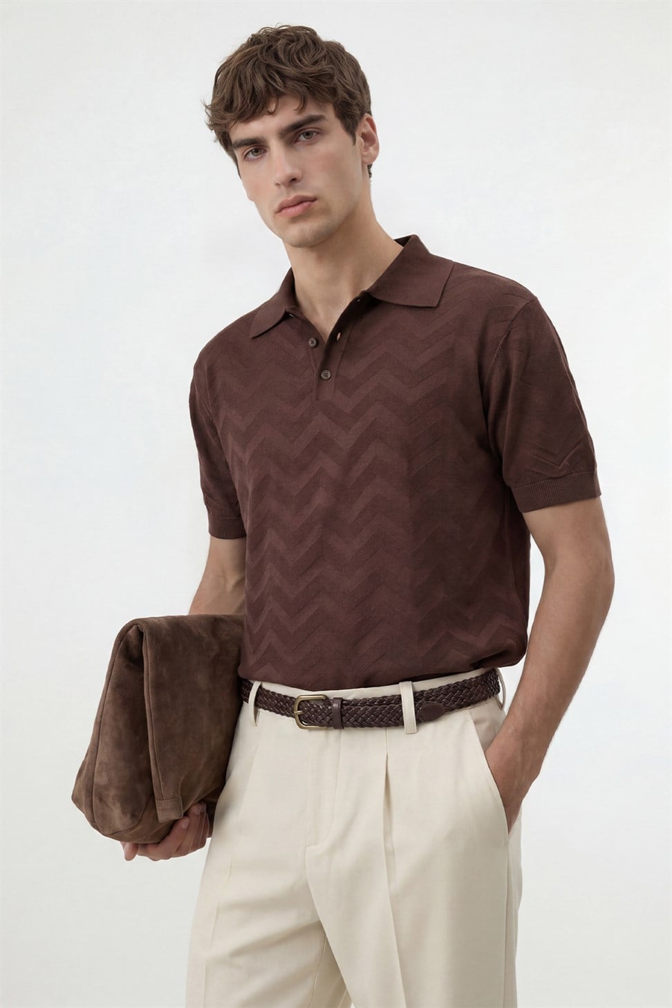 Antioch Kahve Zigzag Desenli Polo Yaka Triko Erkek T-Shirt