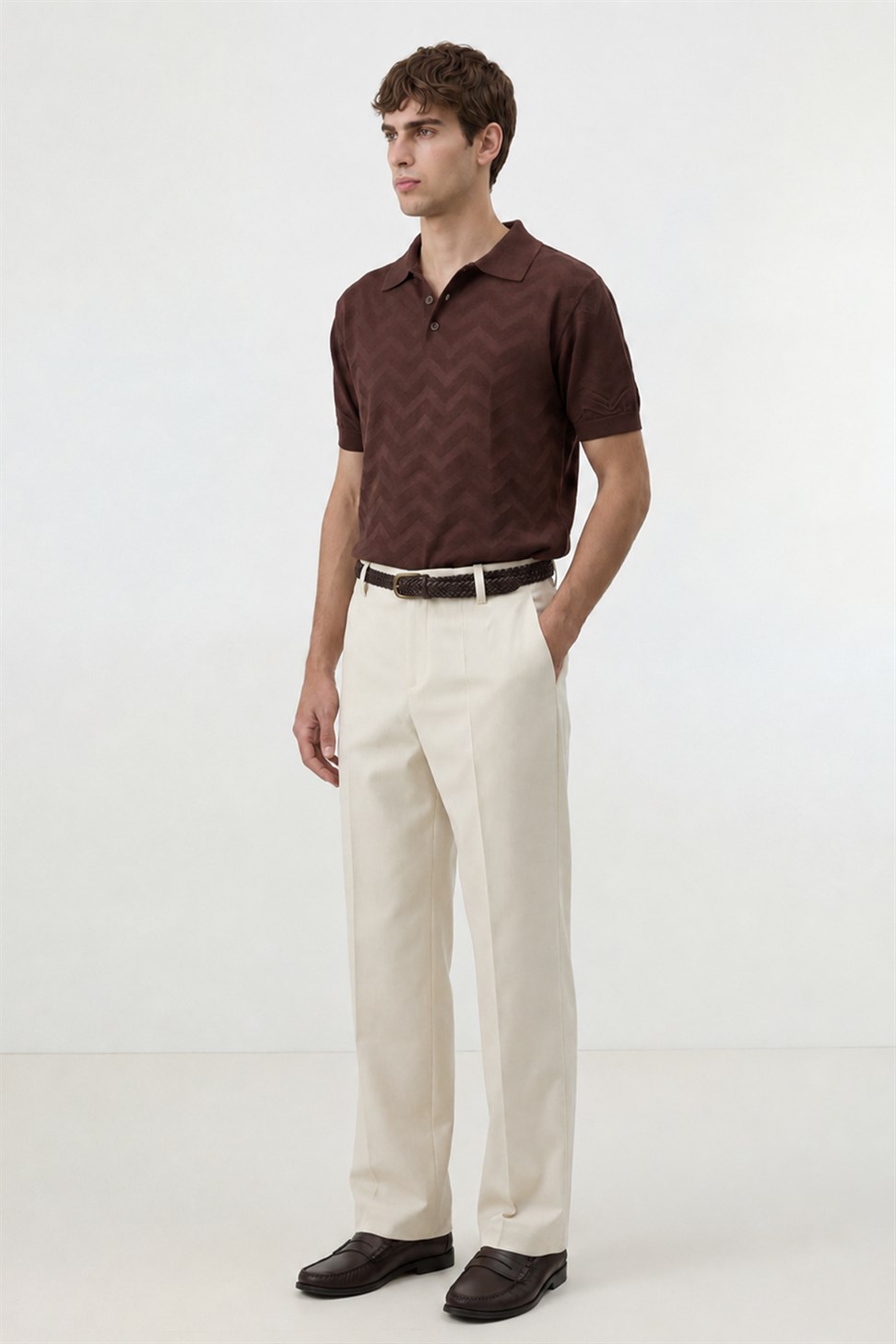 Antioch Kahve Zigzag Desenli Polo Yaka Triko Erkek T-Shirt