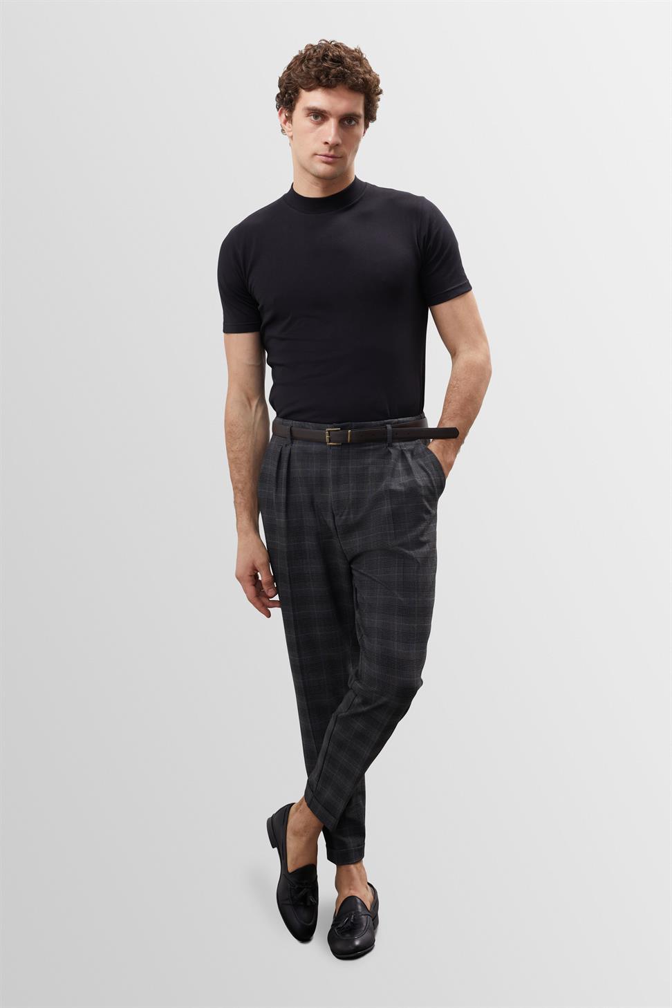 Antioch Kareli Gri Yüksek Bel Kemerli Pantolon