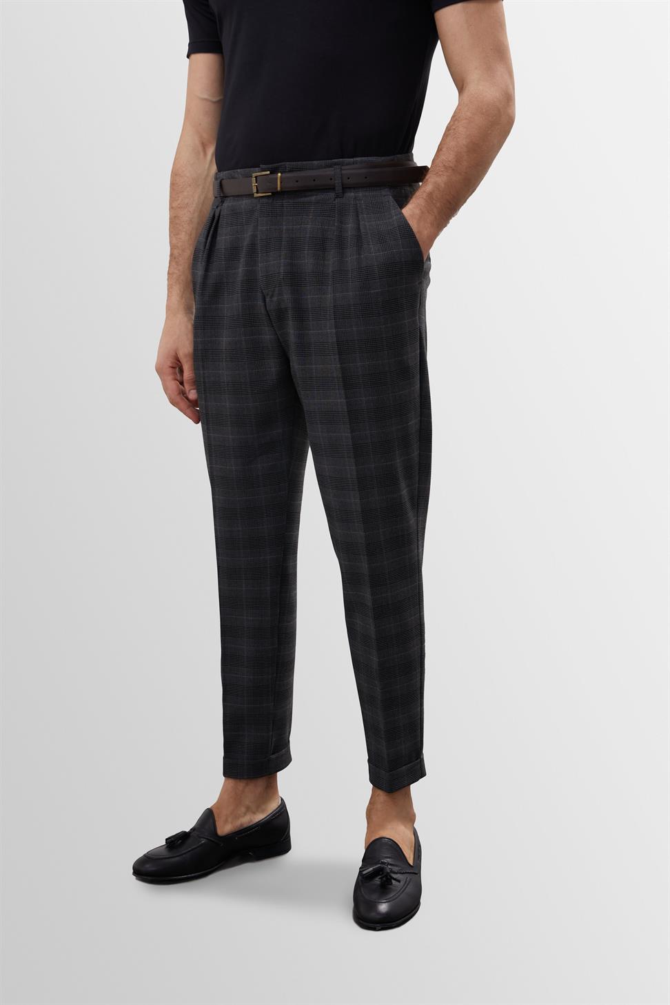 Antioch Kareli Gri Yüksek Bel Kemerli Pantolon