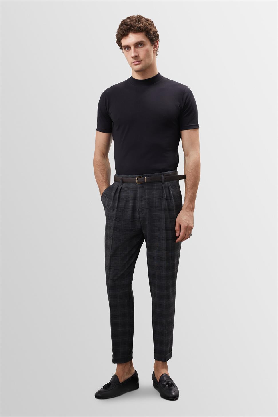 Antioch Kareli Gri Yüksek Bel Kemerli Pantolon