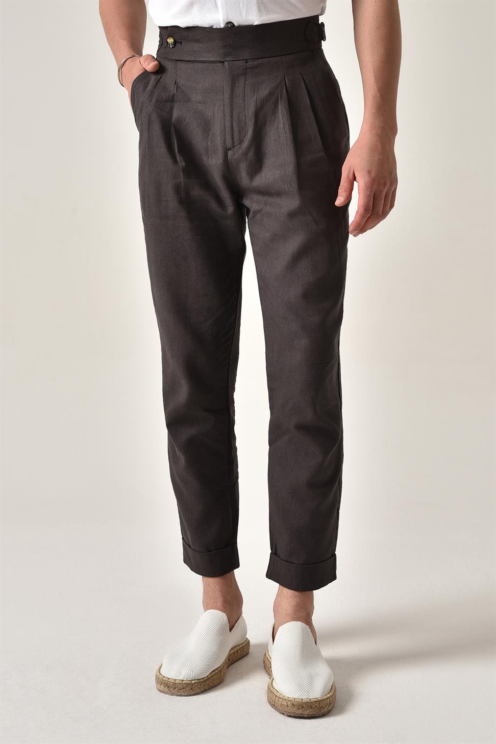 بنطلون كتان عالي الخصر مزين بحزام