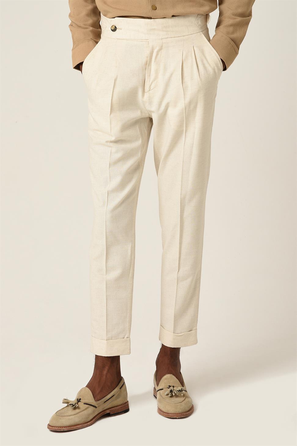 بنطلون كتان عالي الخصر مزين بحزام