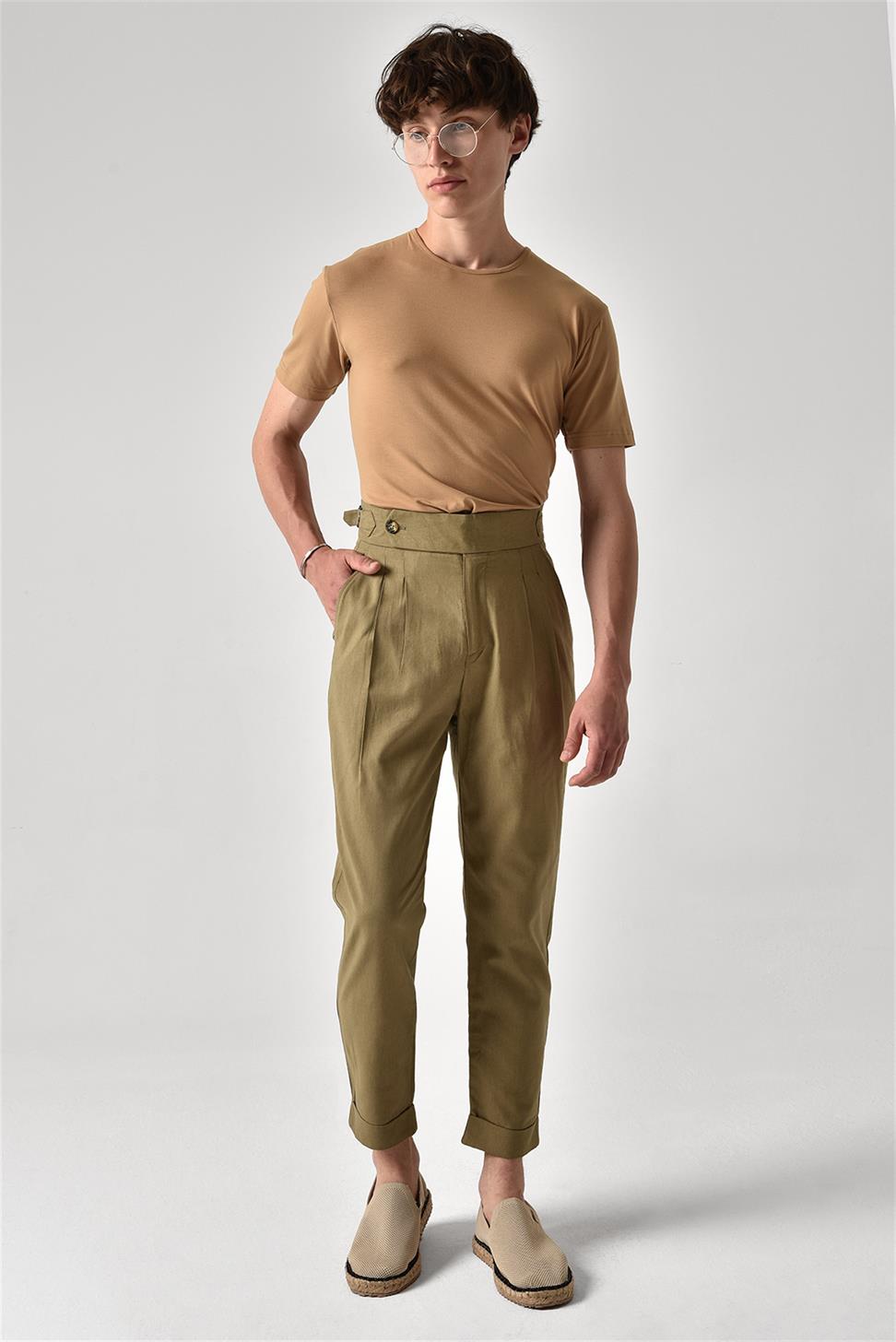 بنطلون كتان عالي الخصر مزين بحزام