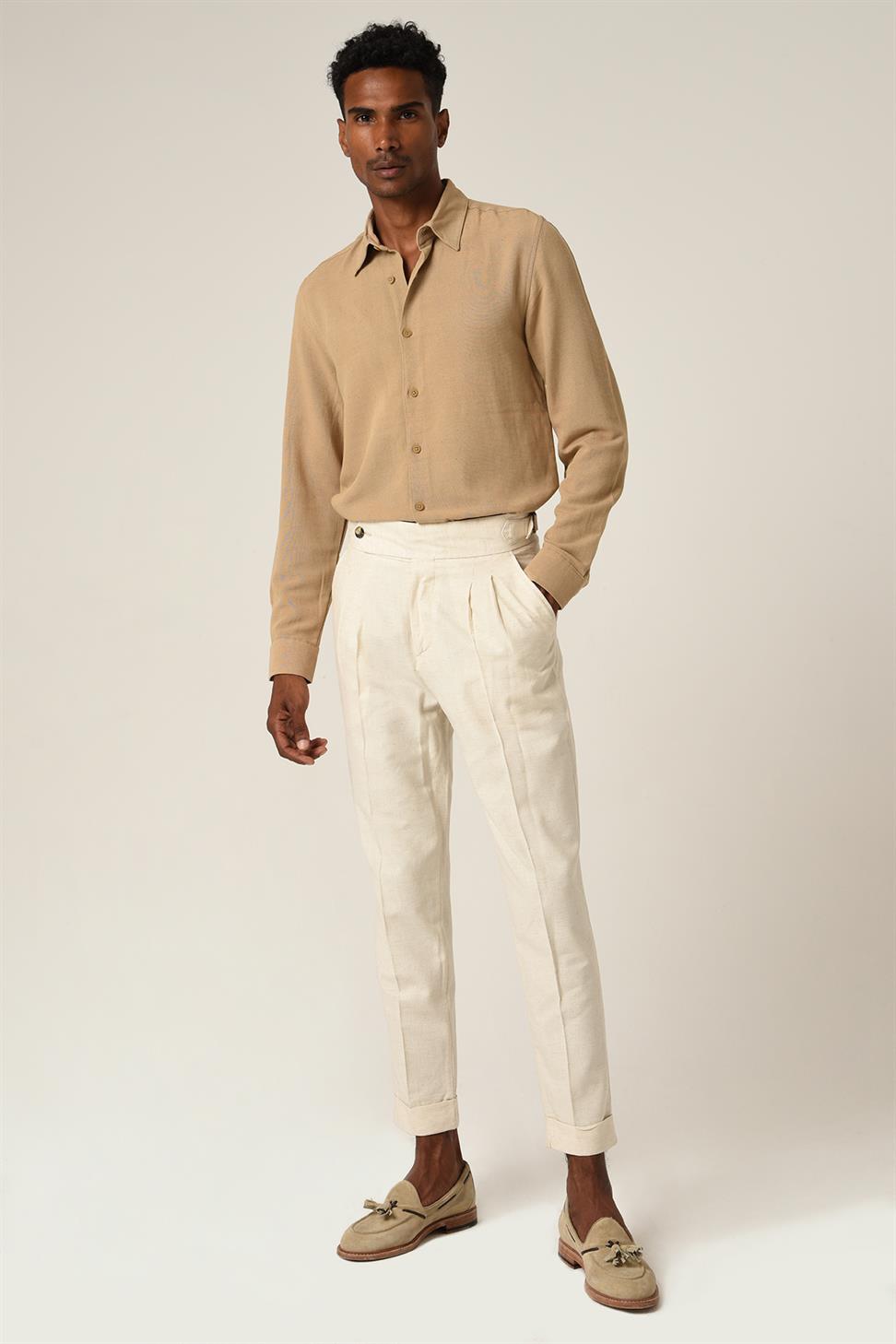 بنطلون كتان عالي الخصر مزين بحزام