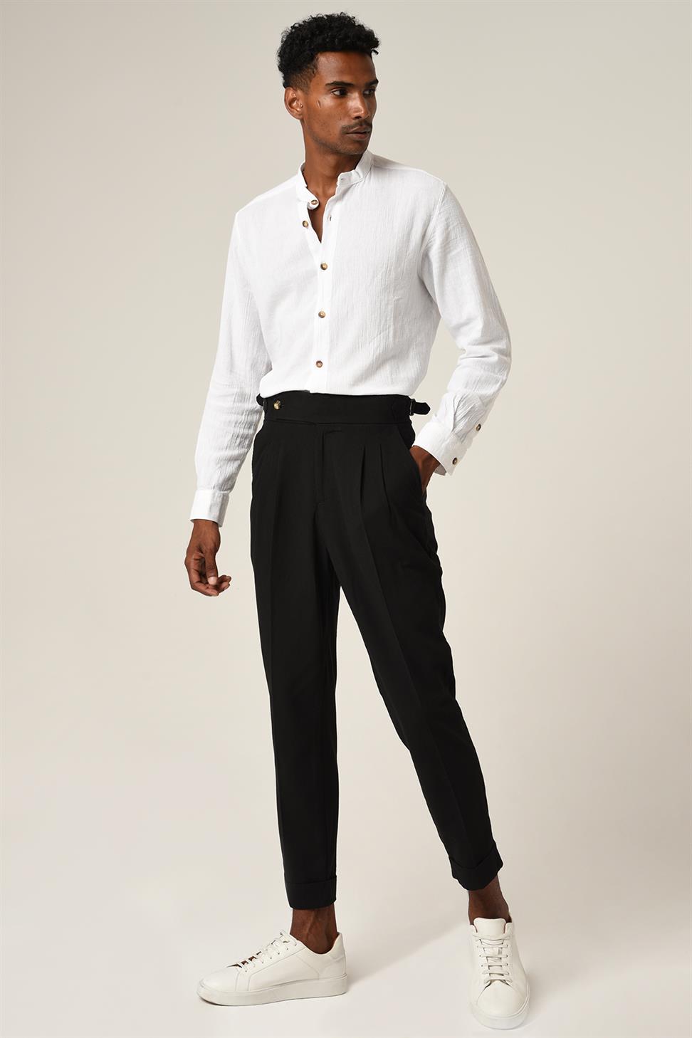 بنطلون كتان عالي الخصر مزين بحزام