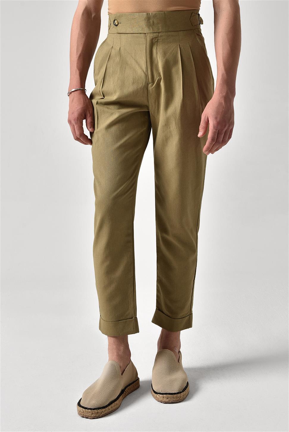 بنطلون كتان عالي الخصر مزين بحزام