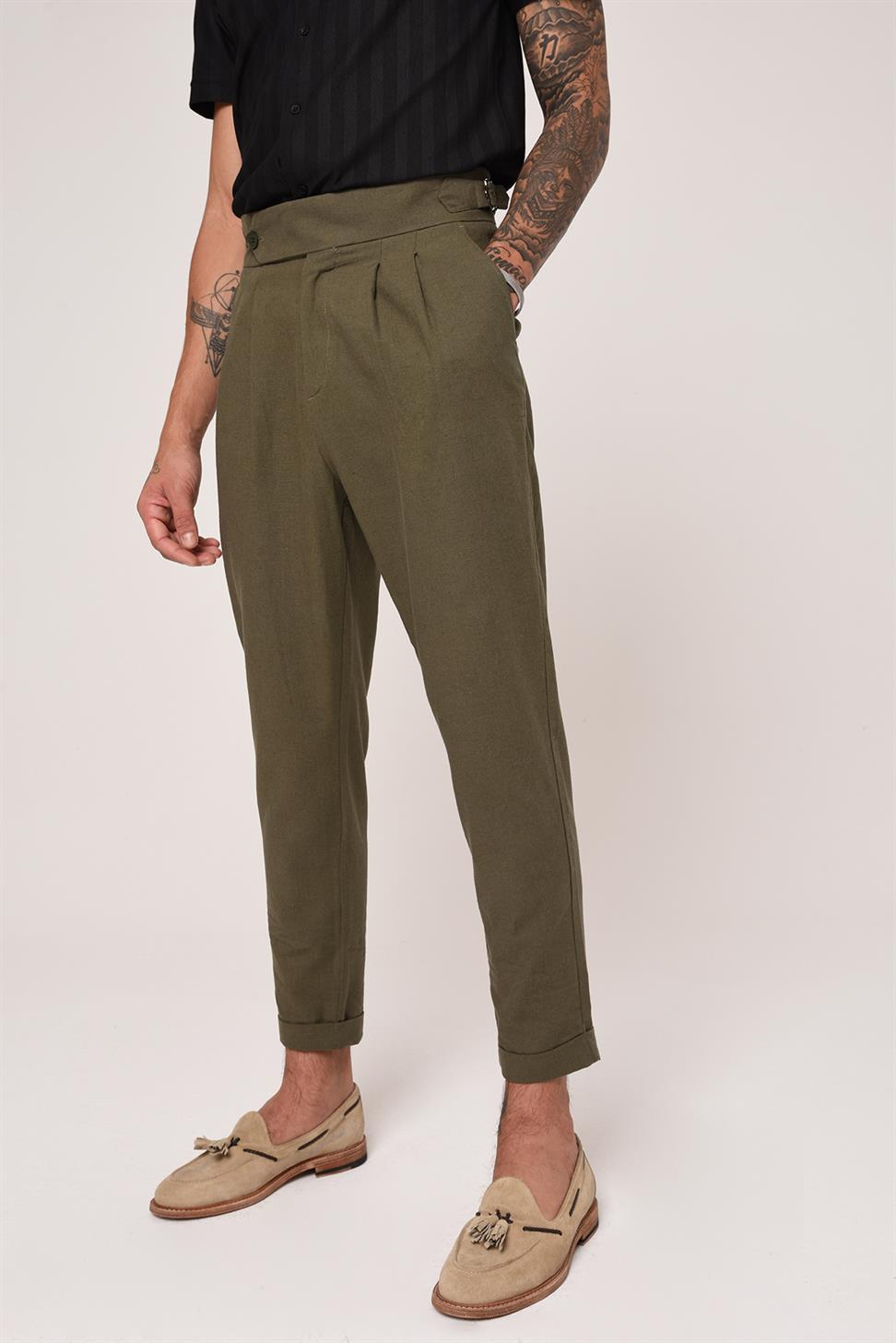 بنطلون كتان عالي الخصر مزين بحزام