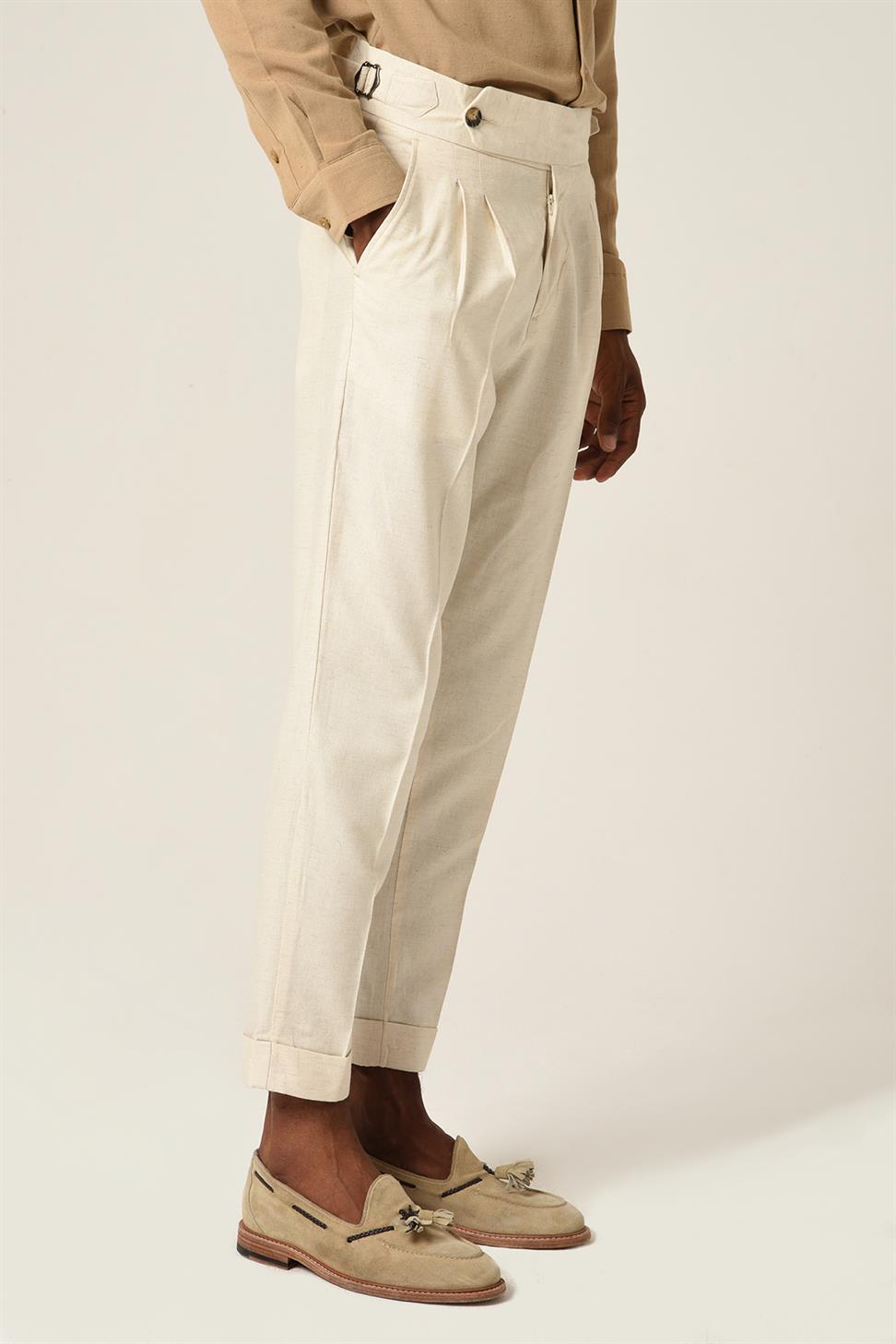 بنطلون كتان عالي الخصر مزين بحزام