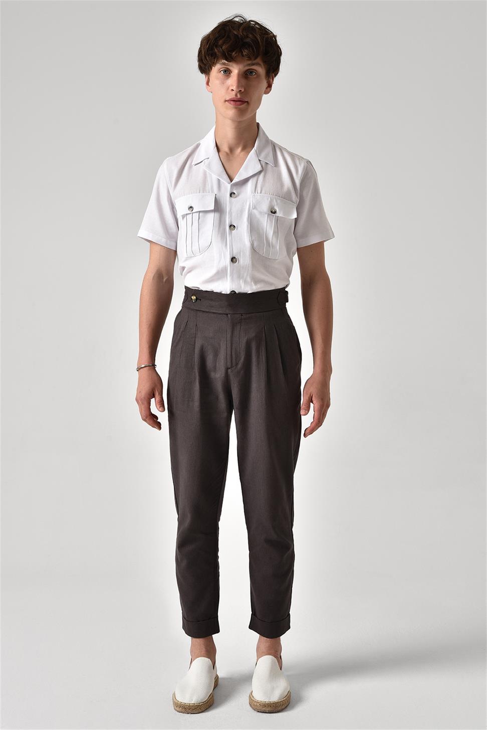 بنطلون كتان عالي الخصر مزين بحزام