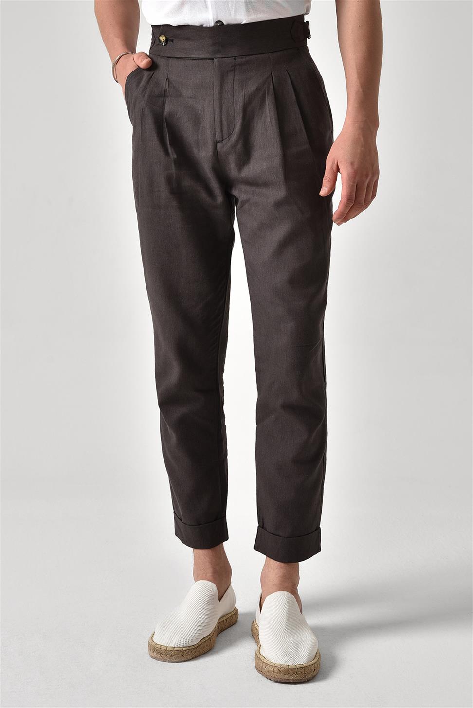 بنطلون كتان عالي الخصر مزين بحزام