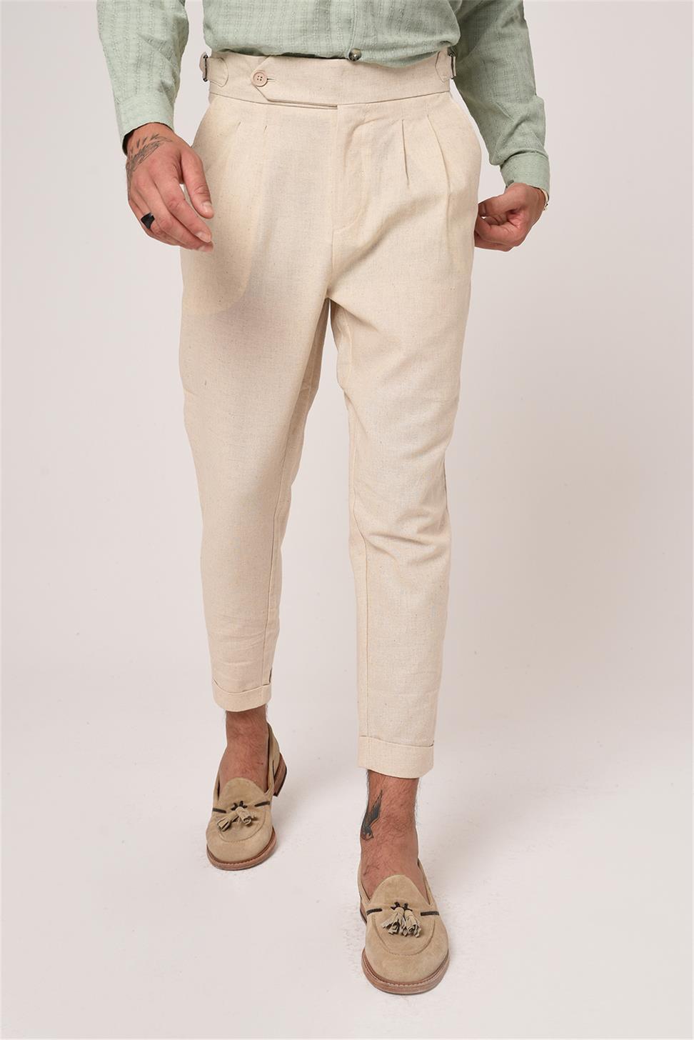 بنطلون كتان عالي الخصر مزين بحزام