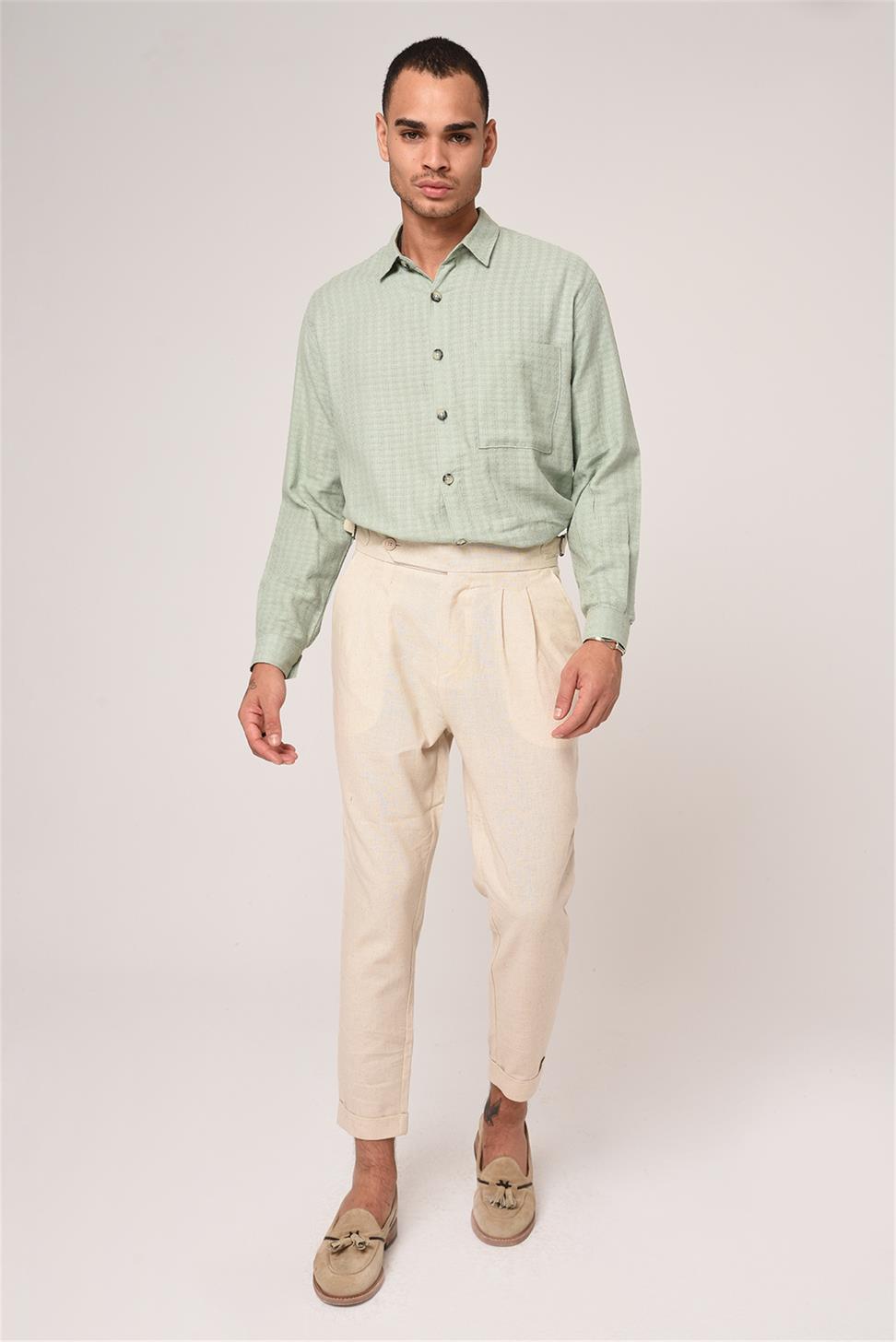 بنطلون كتان عالي الخصر مزين بحزام