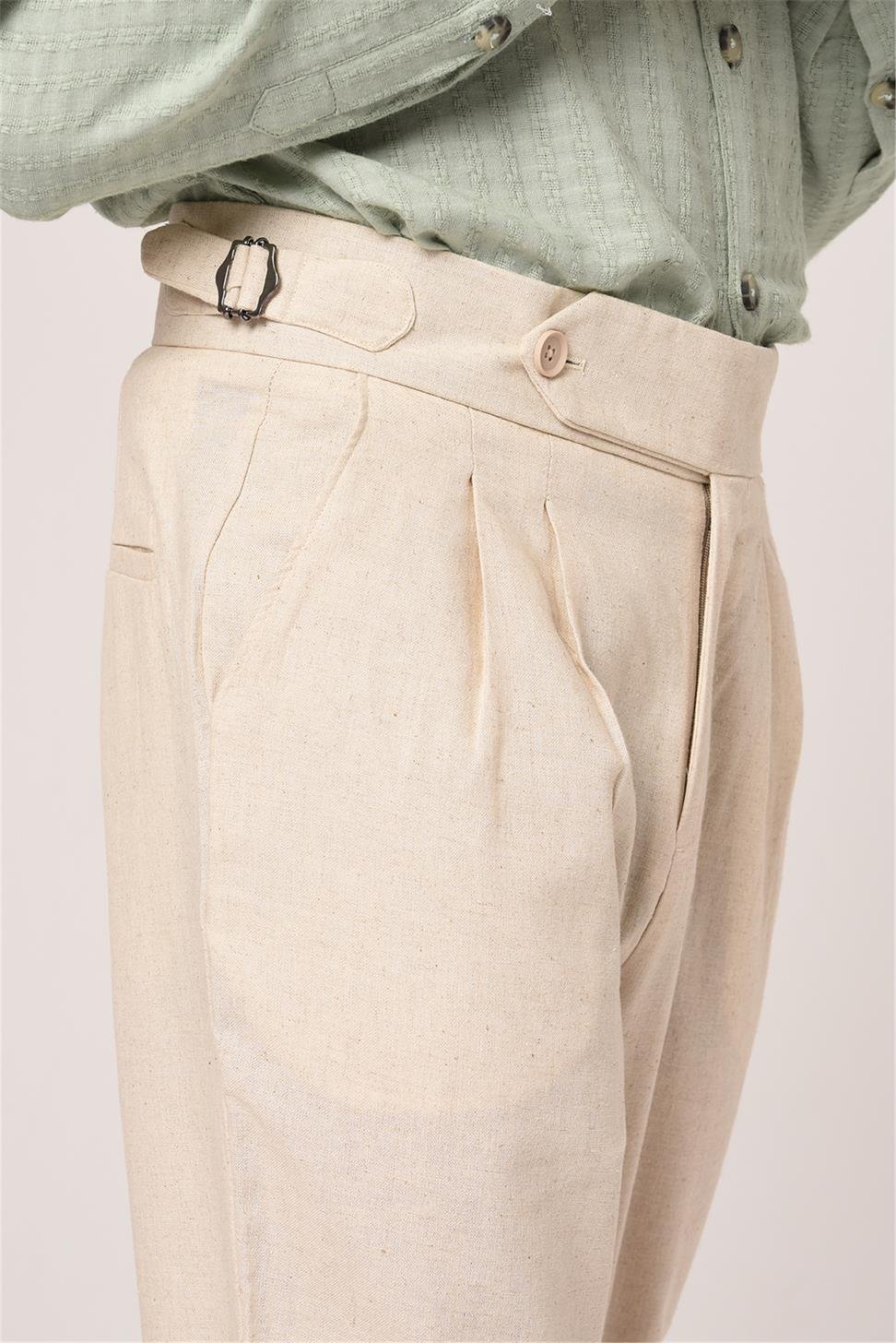 بنطلون كتان عالي الخصر مزين بحزام