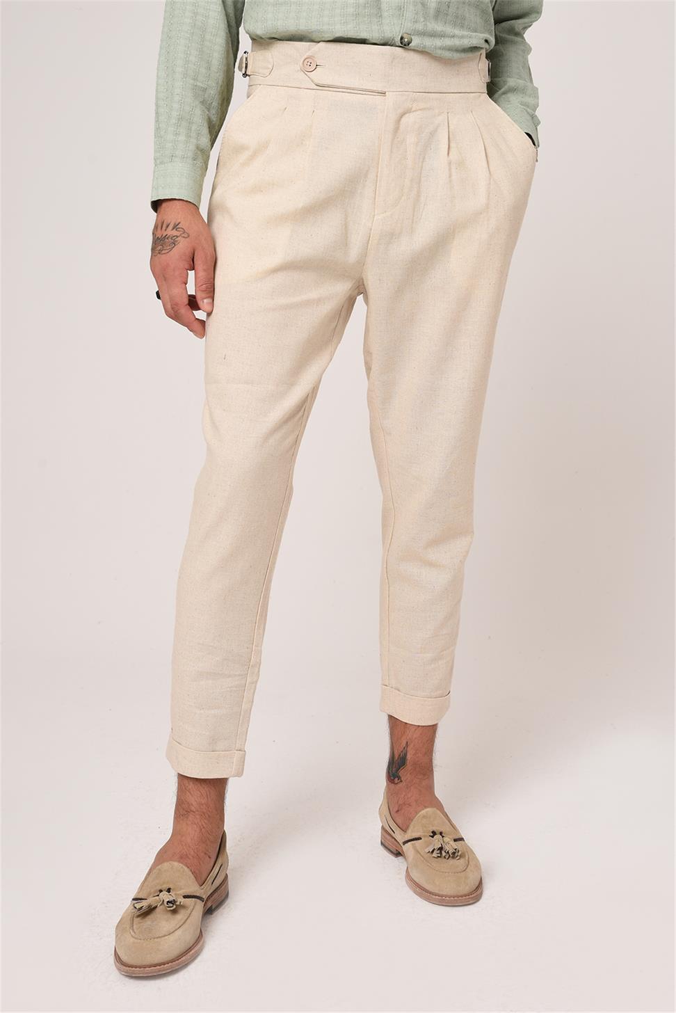 بنطلون كتان عالي الخصر مزين بحزام