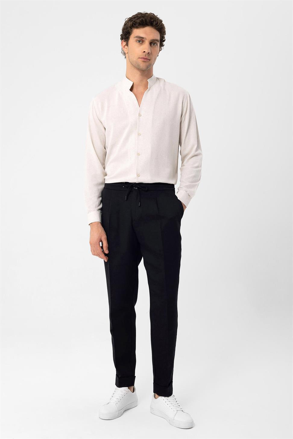 بنطلون رجالي من مزيج الكتان مع خصر برباط