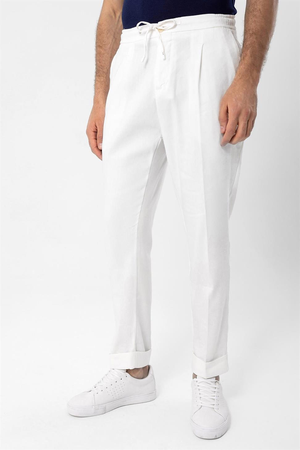 بنطلون رجالي من مزيج الكتان مع خصر برباط