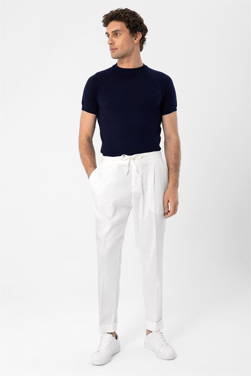 بنطلون رجالي من مزيج الكتان مع خصر برباط