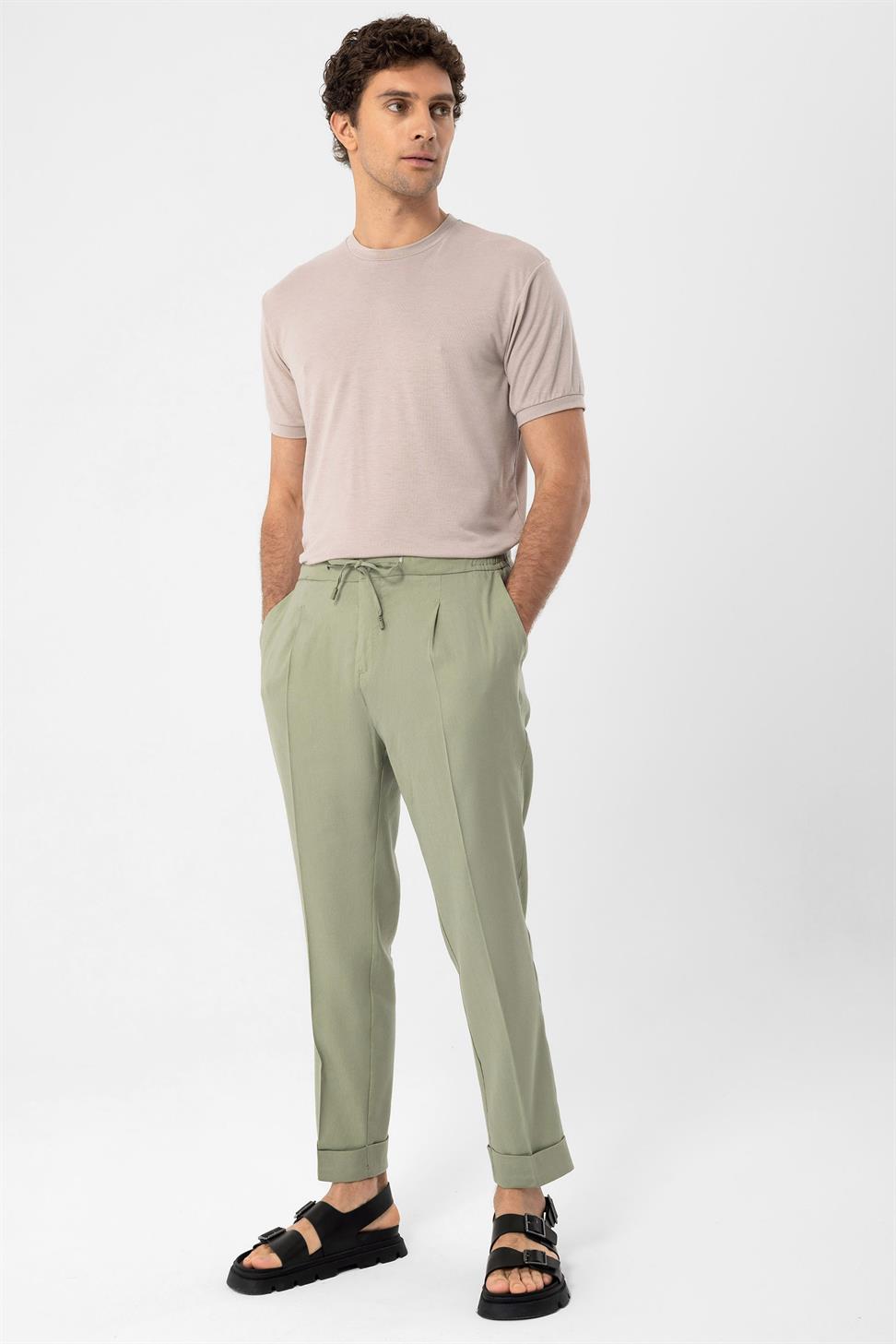 بنطلون رجالي من مزيج الكتان مع خصر برباط