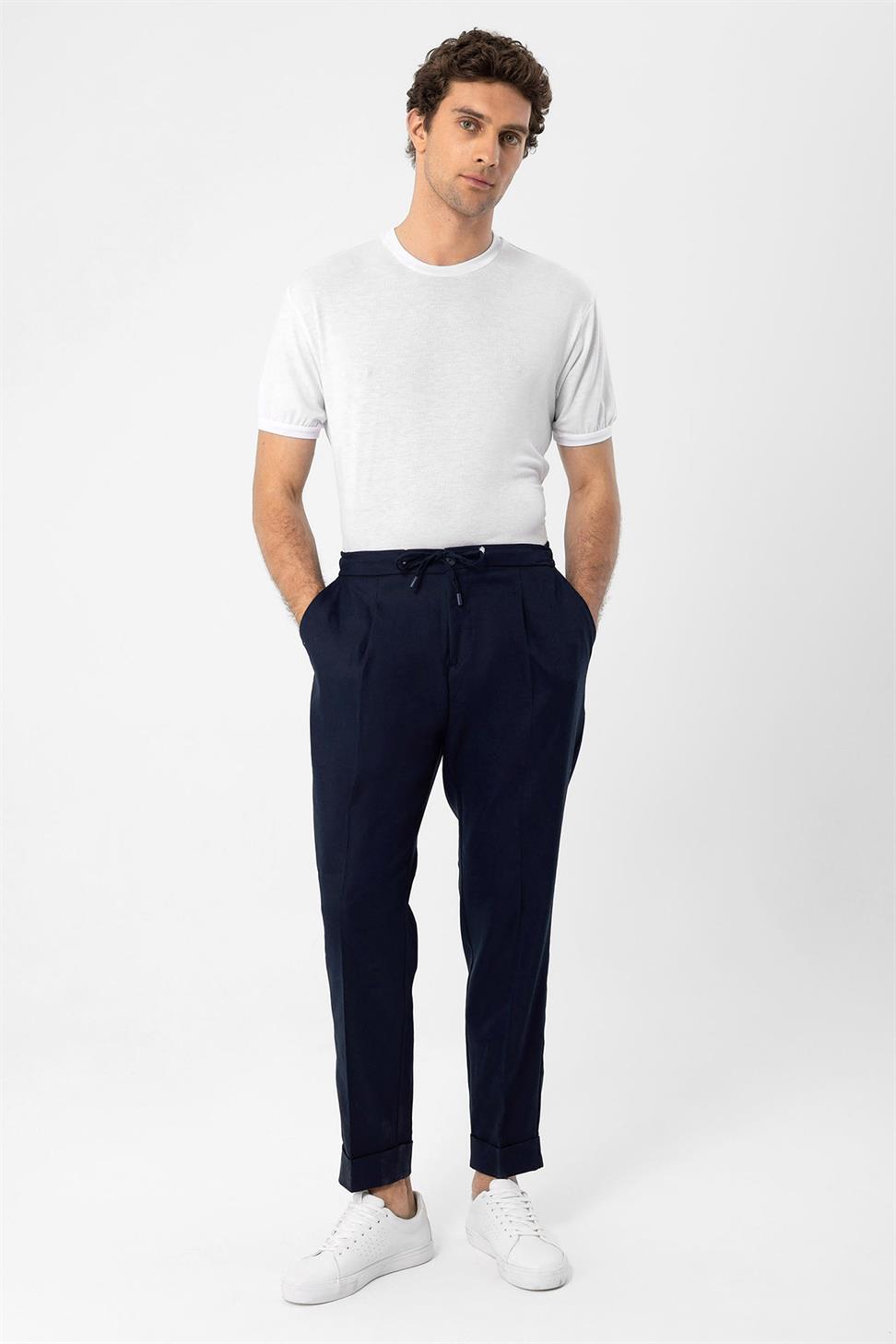بنطلون رجالي من مزيج الكتان مع خصر برباط