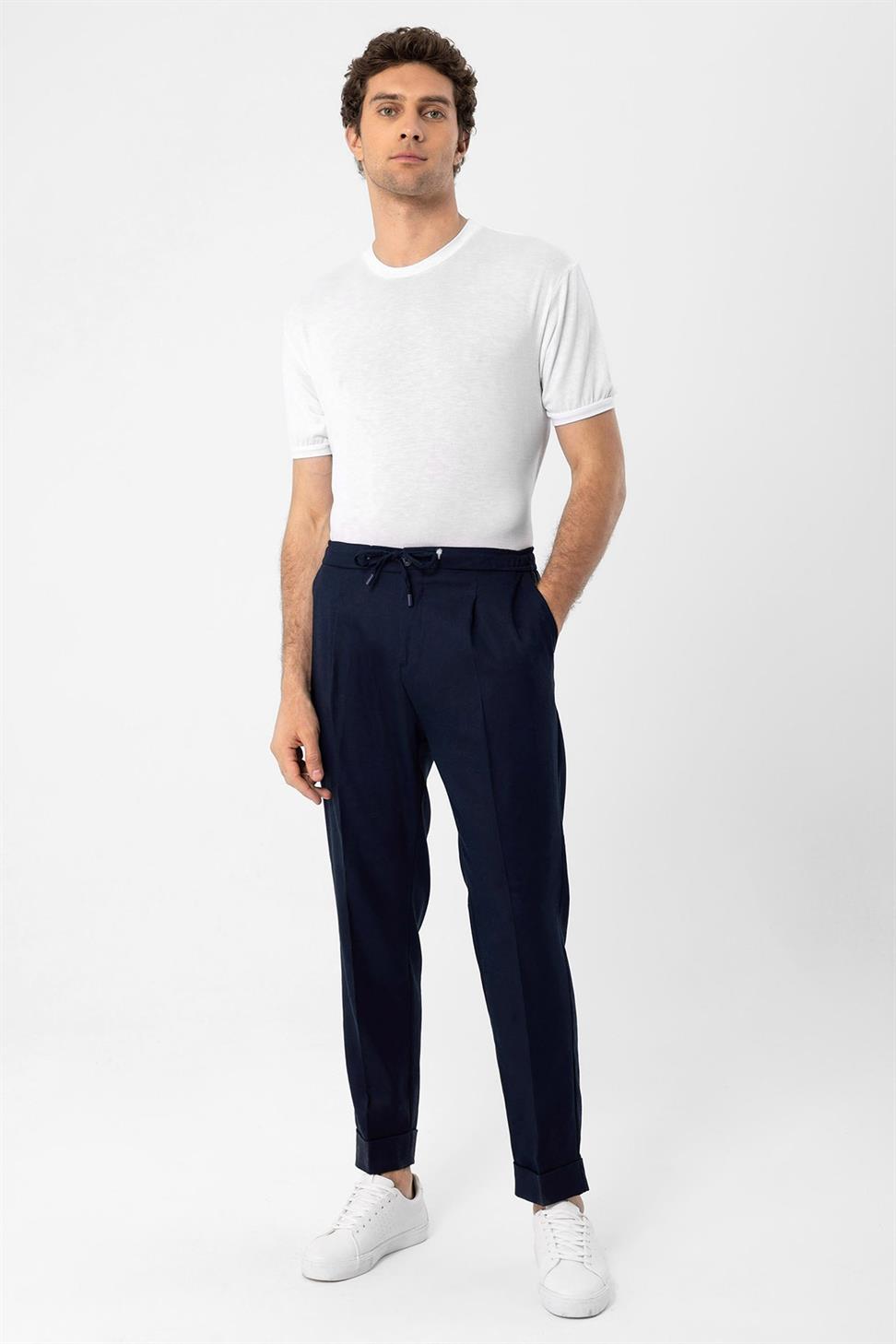 بنطلون رجالي من مزيج الكتان مع خصر برباط