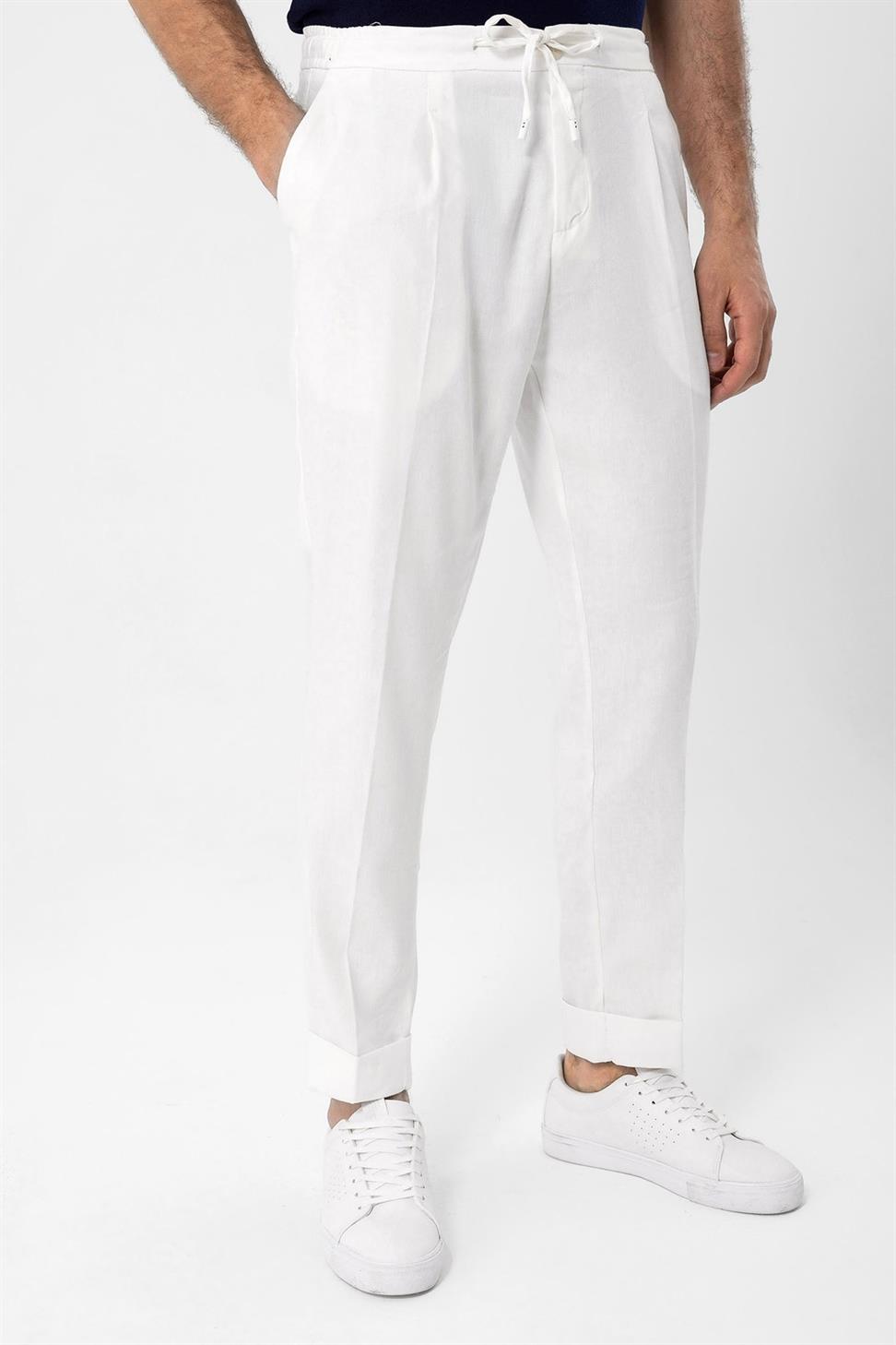 بنطلون رجالي من مزيج الكتان مع خصر برباط