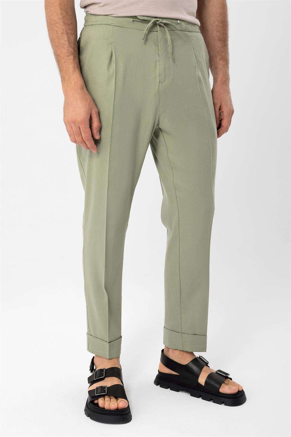 بنطلون رجالي من مزيج الكتان مع خصر برباط