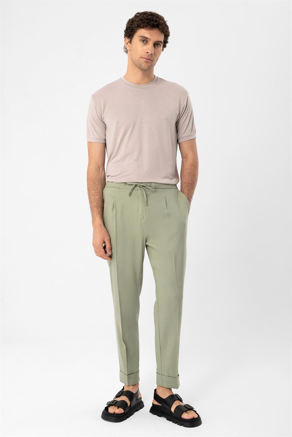 بنطلون رجالي من مزيج الكتان مع خصر برباط