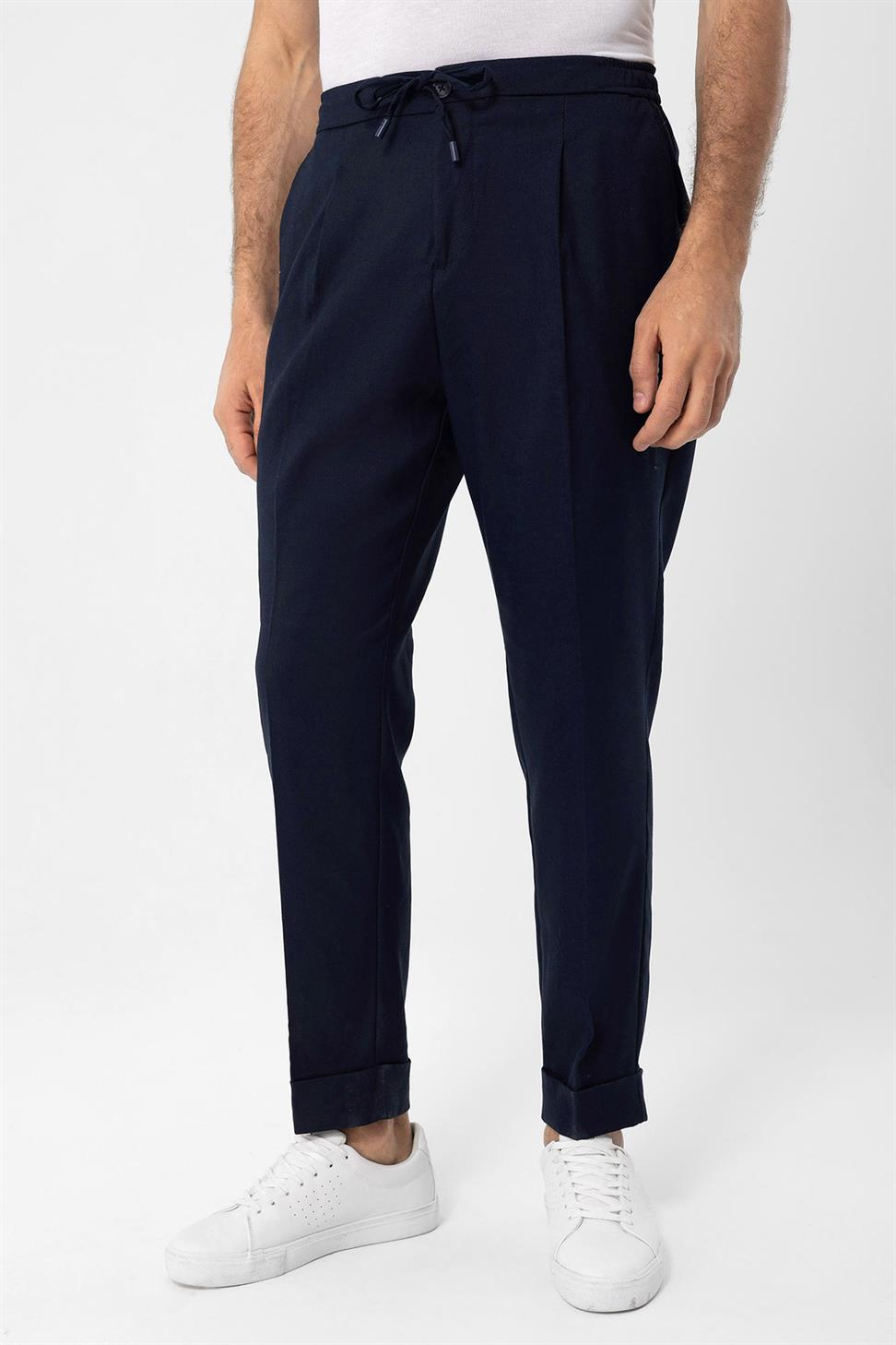 بنطلون رجالي من مزيج الكتان مع خصر برباط