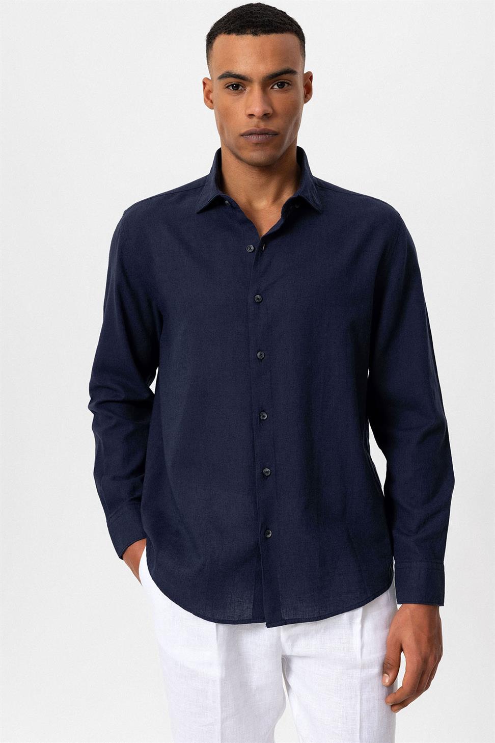 قميص رجالي من مزيج الكتان