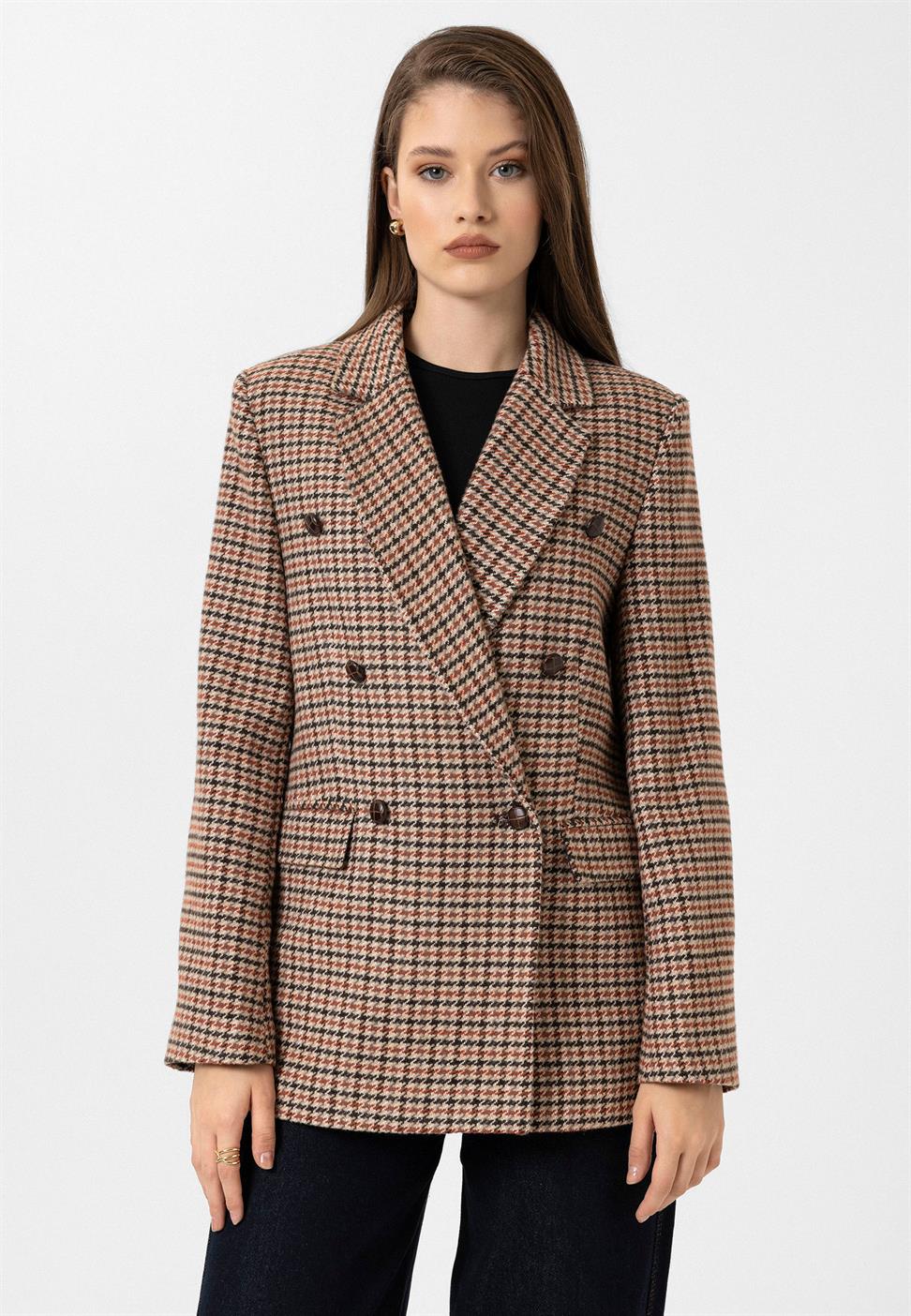 Antioch Kiremit Kadın Kazayağı Desenli Blazer Ceket