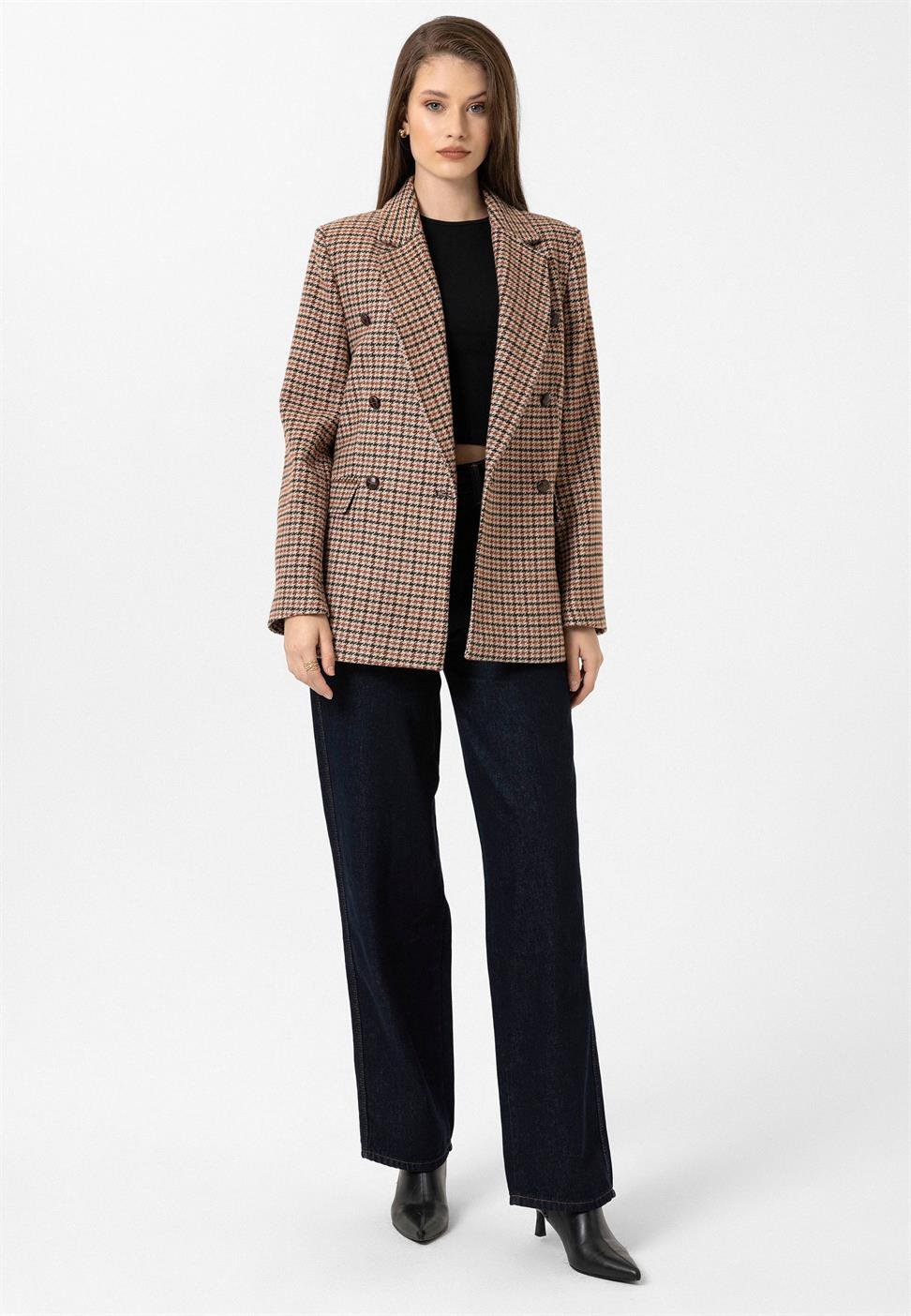 Antioch Kiremit Kadın Kazayağı Desenli Blazer Ceket