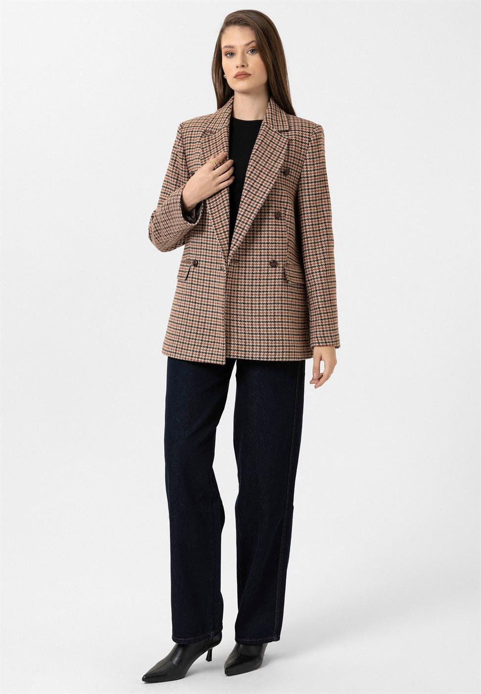 Antioch Kiremit Kadın Kazayağı Desenli Blazer Ceket