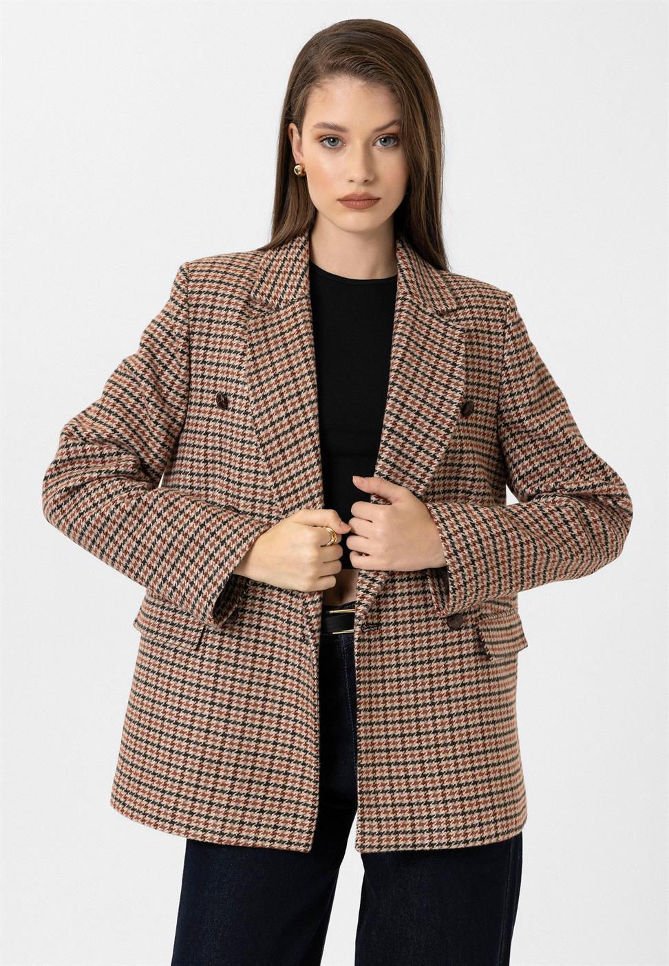 Antioch Kiremit Kadın Kazayağı Desenli Blazer Ceket