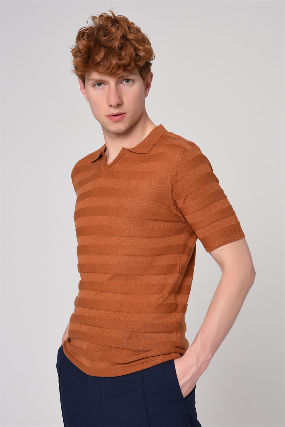 تي شيرت تريكو منقوش بياقة بولو مخططة