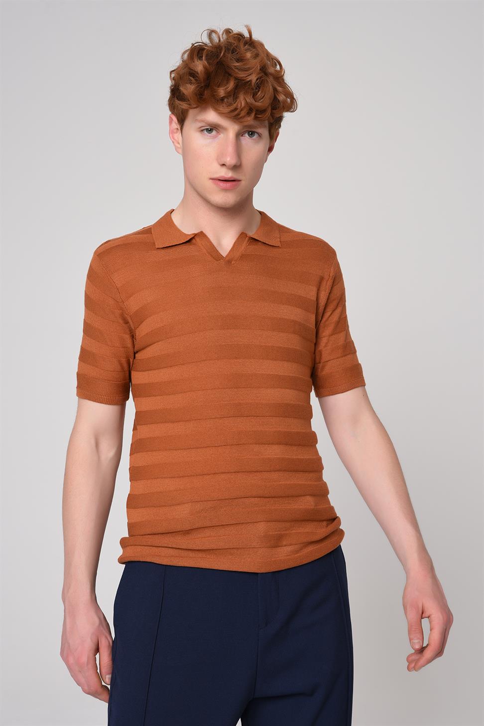 تي شيرت تريكو منقوش بياقة بولو مخططة