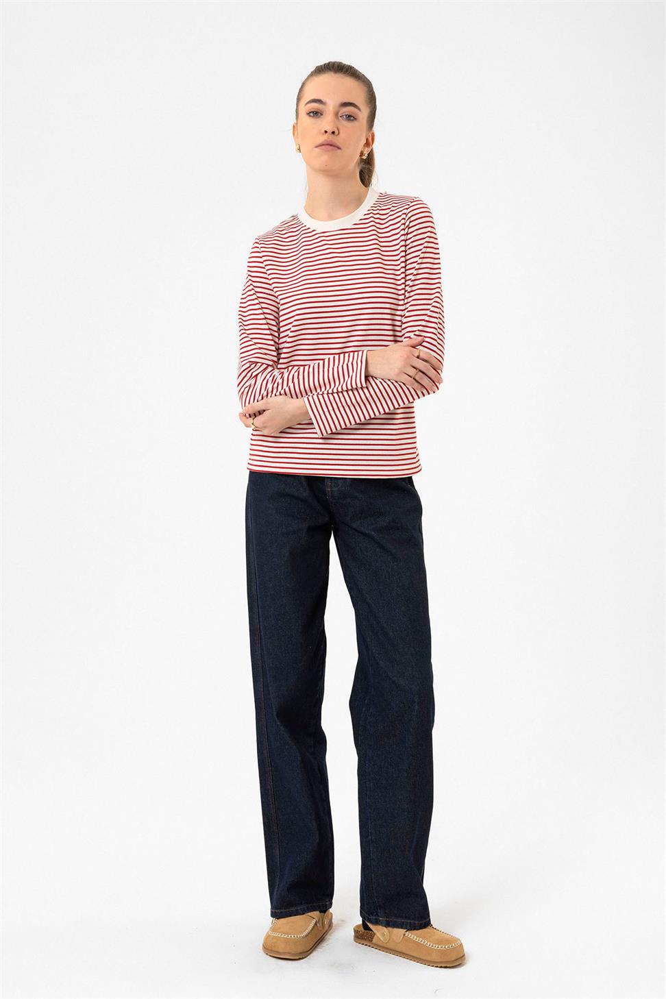 Antioch Kırmızı Kadın Çizgili Mevsimlik Kazak