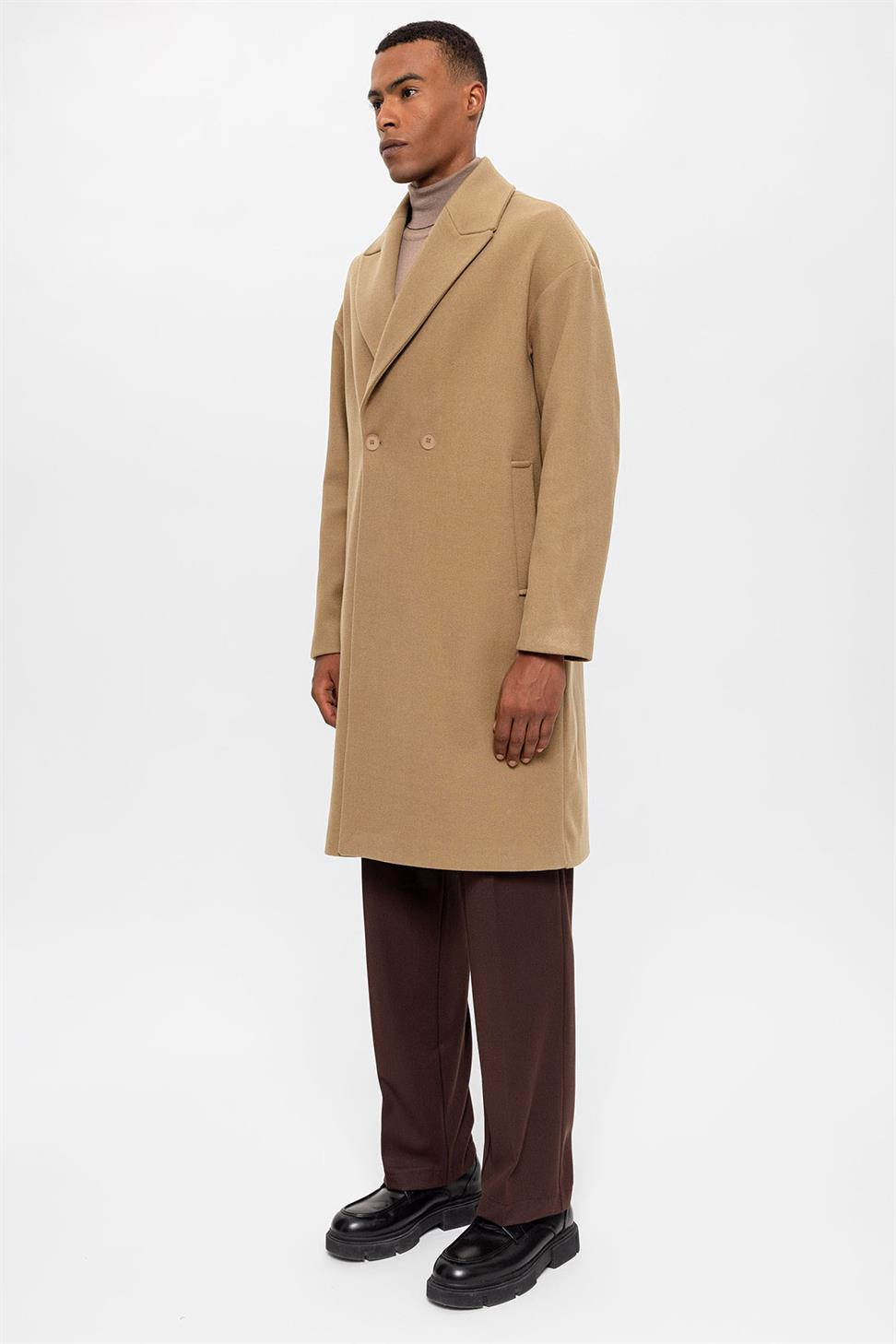 Antioch Koyu Bej Oversize Kruvaze Erkek Kaban